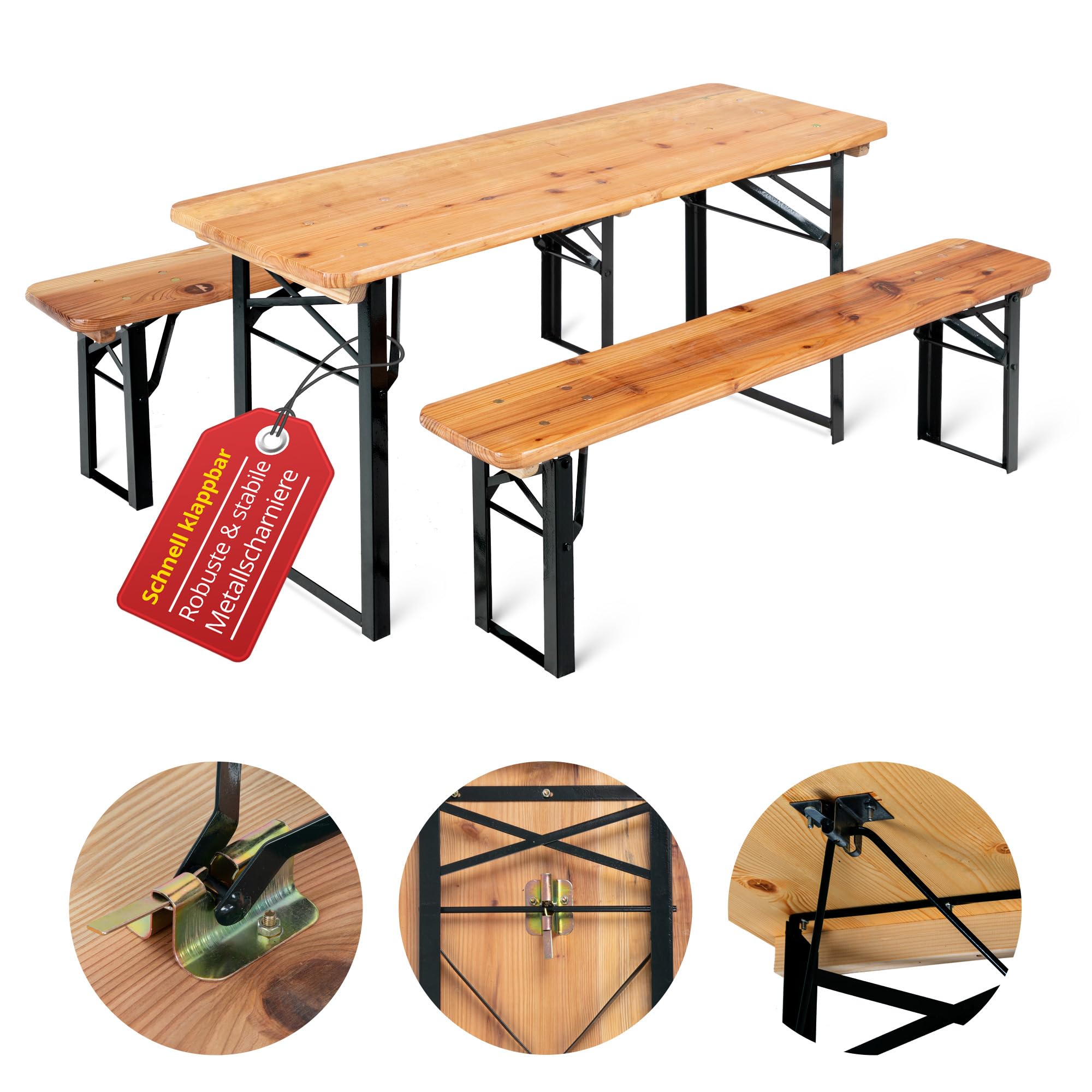 Stagecaptain BBK-110 Hirschgarten Bierzeltgarnitur für Kinder - Kurze Version mit 110 cm Länge - Klappbare Festzeltgarnitur 1x Tisch 2X Bank - Sitzgarnitur aus Holz - Innen & Außenbereich - Natur