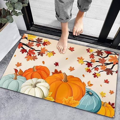 Bath Rugs Entrance Non Slip Front Door Mat Thanksgiving Farm Pumpkin Branches Kitchen Carpets Fall Maple Leaves Tree Floor Mats for Bathroom Bedroom