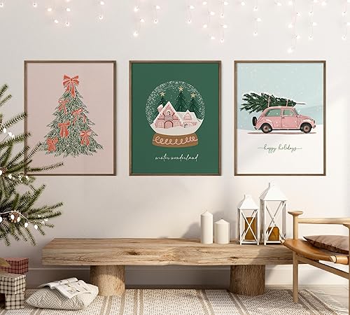 BEZBEX Juego de 3 bonitos cuadros de pared de Navidad color rosa, pósteres vintage de árbol de Navidad, galería, arte de pared para sala de estar,