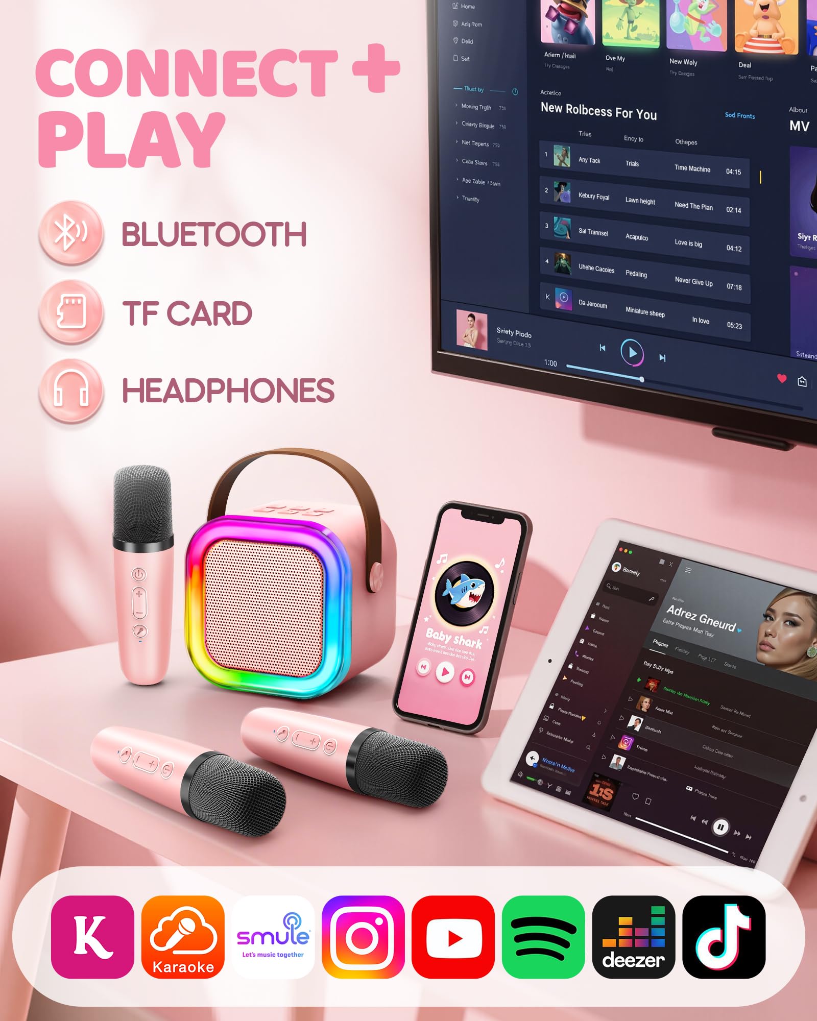 Karaoke Maschine Kinder, Geschenk für Mädchen 3-12 Jahre, Karaoke Kinder Spielzeug ab 3-12 Jahre Mädchen, Karaoke Maschine mit 2 Karaoke Mikrofon Kinder