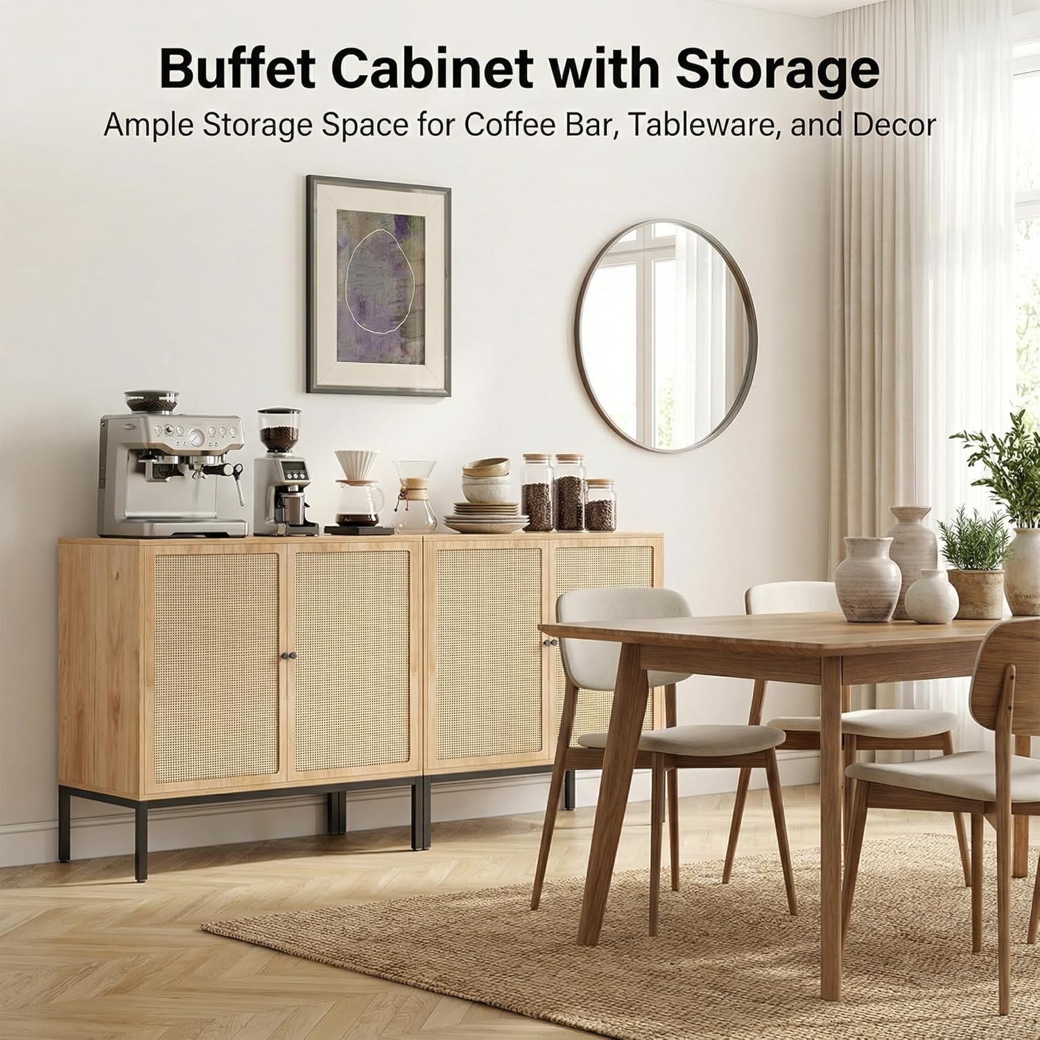 Yechen Set of 2 63" Sideboard Cabinet with Natural Rattan Doors, Buffet Console & Accent Cabinet, Rattan Credenza Storage with Metal Legs for Living Room, Kitchen, Dining Room
