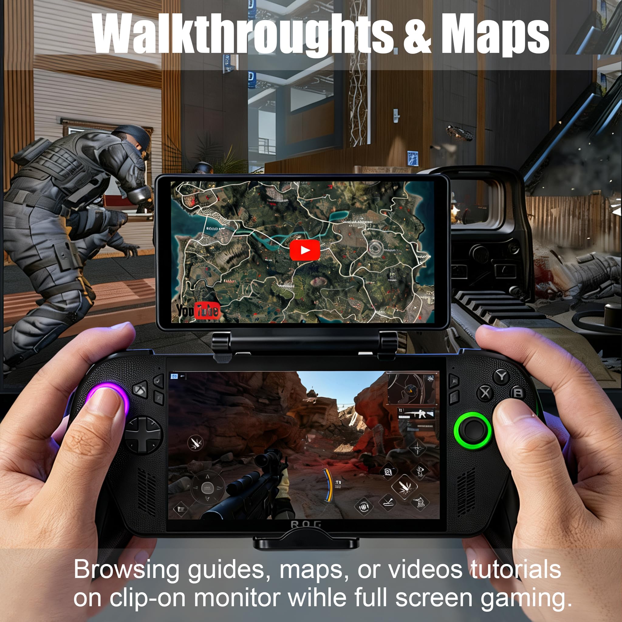 wisecoco 7-calowy monitor AMOLED Clip-on dla ROG Ally/Ally X/Xbox Ally/ROG Handhelds replikuje rozgrywkę 3DS/NDS 1080P FHD ekran dotykowy zewnętrzny monitor bez użycia narzędzi USB-C połączenie z