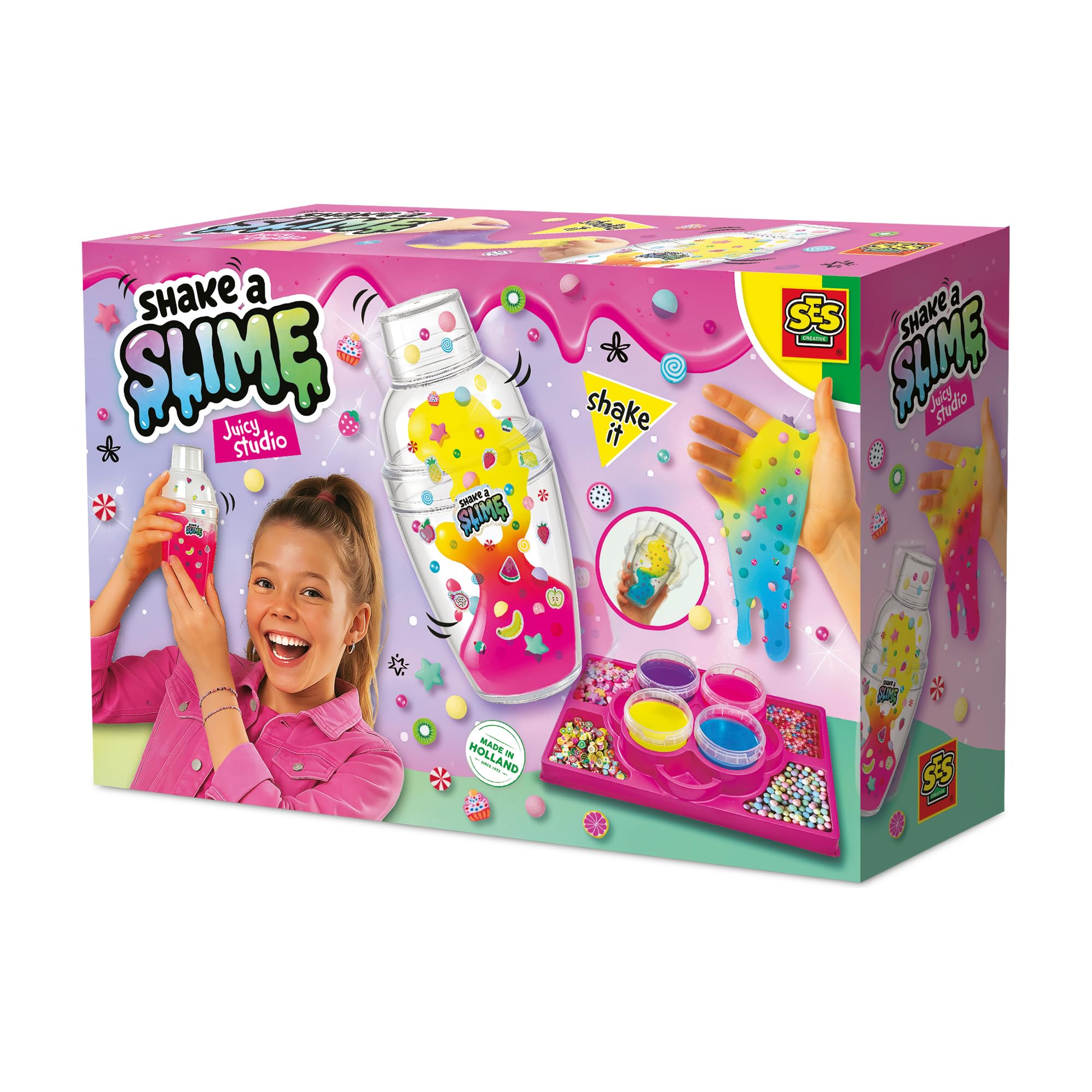 SES Creative Juicy Studio Slime Shake – DIY Slime Making Kit with Sensory Decorations & Shake Cup – 4 Trendy Colours – Sorting Trays Included
