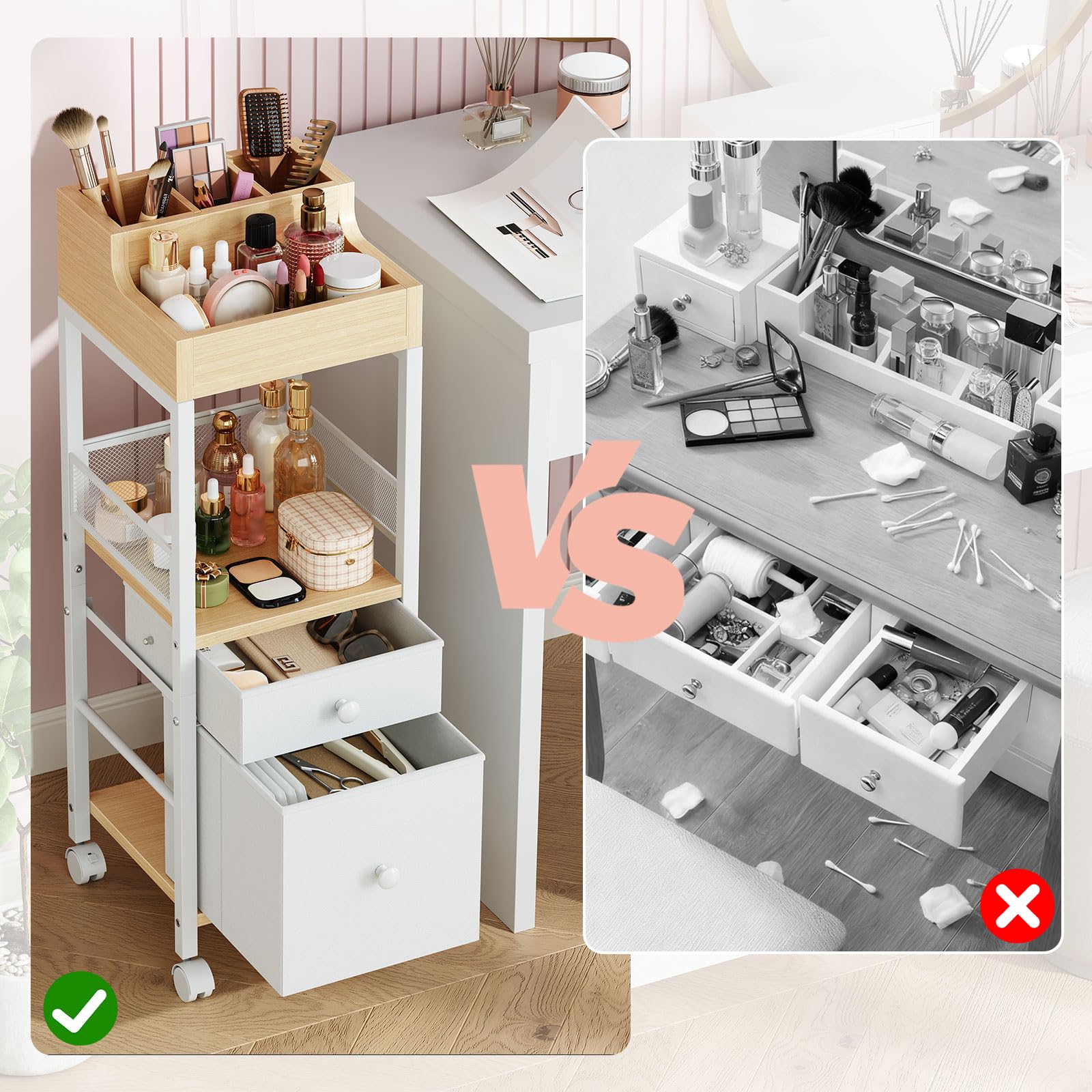 HOOBRO Mobilny wózek do makijażu, wózek kosmetyczny z szufladą z tkaniny, wózek na toaletkę na produkty do pielęgnacji skóry, pędzle, lakier do paznokci, artykuły fryzjerskie, biały i naturalny