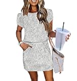 Womens Summer Dresses Tie Front Chic Mini Dress Petal Short Sleeve with Pockets