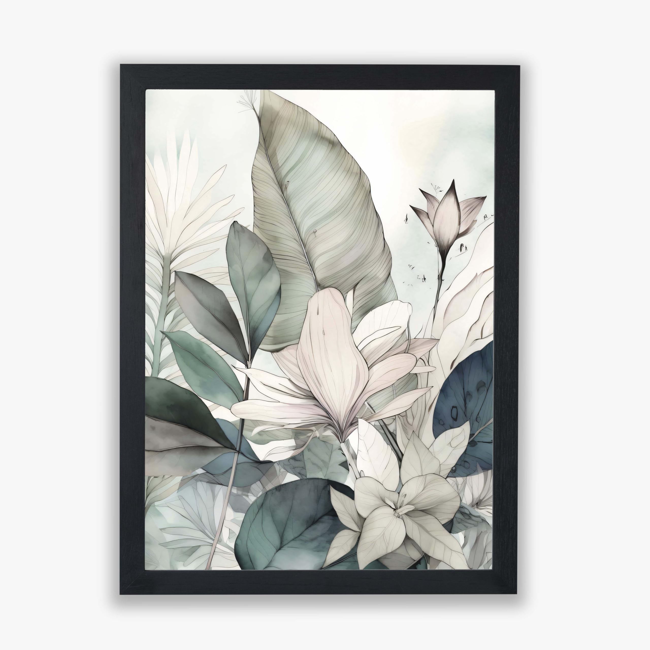 Spiffing Prints Whispering Botanicals No.4 – Impression botanique avec feuilles vertes et fleurs blush – Grand format – Encadré