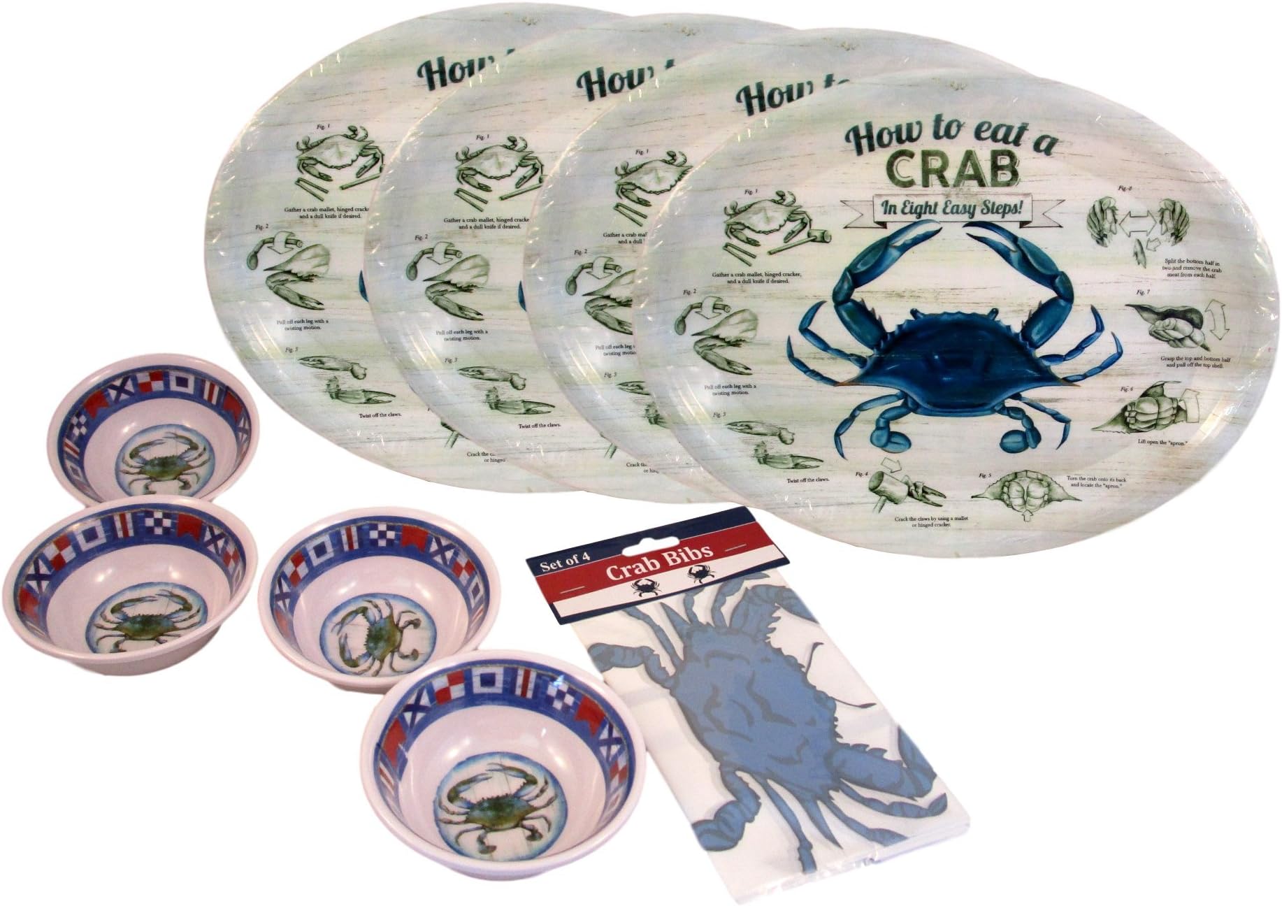 Seafood Boil Set - 4 13" Crab Platters, 4 Blue Crab Bibs, and 4 Nautical Flag Butter Bowls