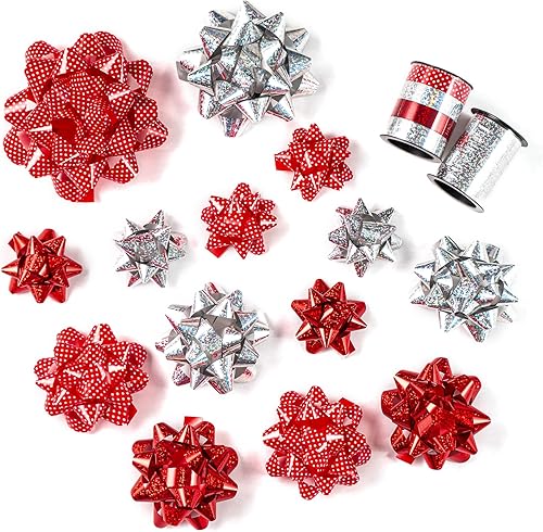 Miniatura 8 de WRAPAHOLIC Surtido de 16 lazos de regalo, 14 lazos de regalo de varios colores (verde, dorado), 2 cintas rizadoras, perfectos para vacaciones,