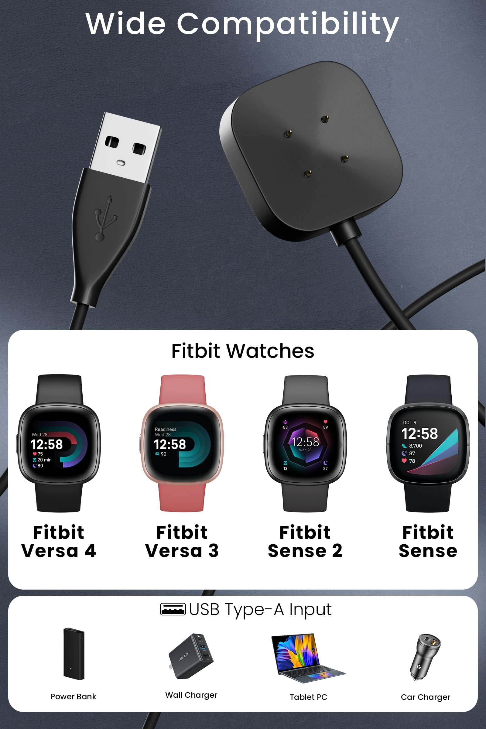 Yaekea Compatible for Fitbit Sense/Sense 2/Versa 4/Versa 3 Charger Replacement 3.3FT USB Magnetic Fast Charging Cable Dock Stand for Fitbit Sense/Sense 2/Versa 4/Versa 3 Smartwatch Accessories