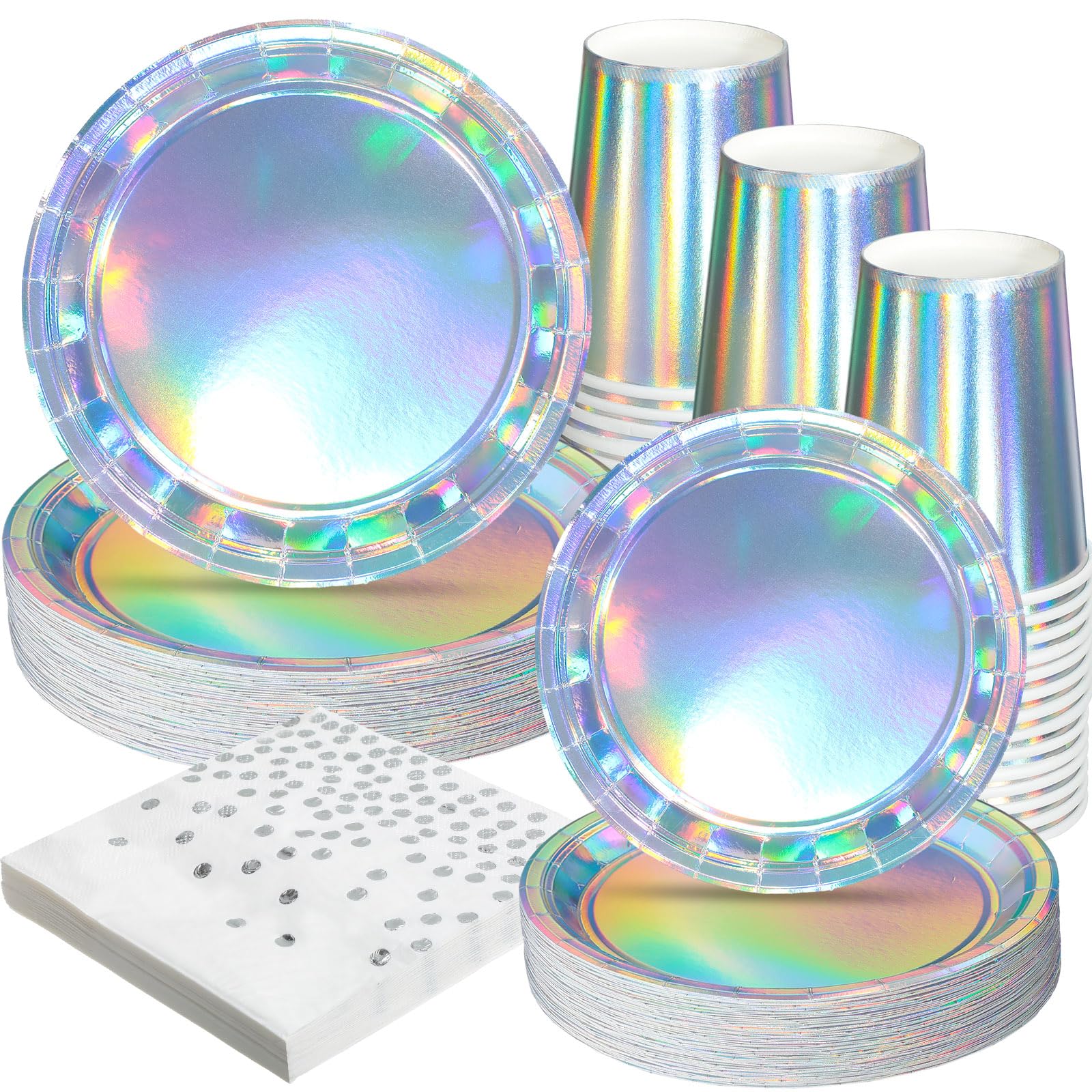 Uiifan 200 Pcs Party Disposable Paper Plates Cups Dinnerware Set Supplies Includes 100 Plates 50 Cups 50 Napkins Party Tableware Set for Theme Birthday Wedding Party (Iridescent)