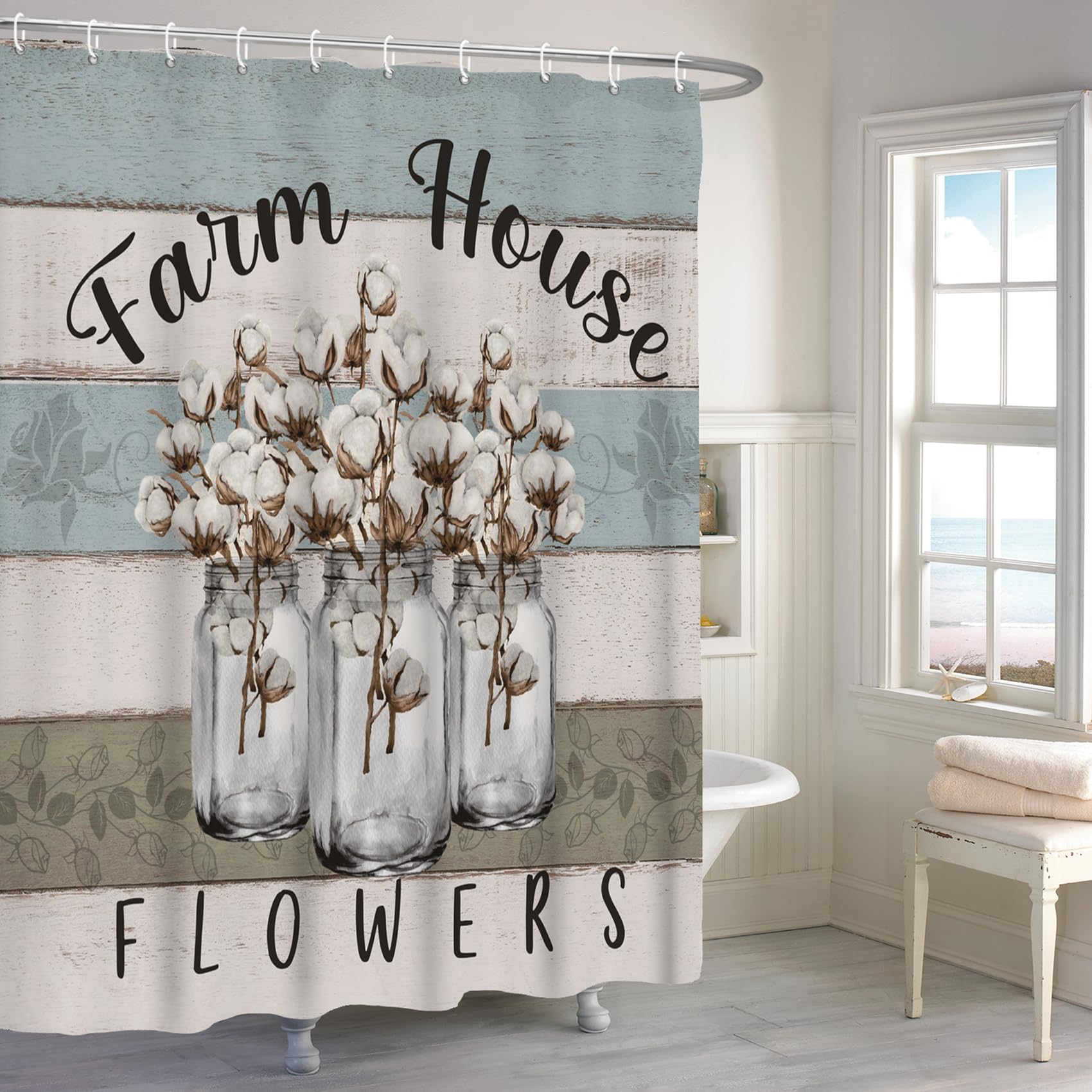 Renaiss 60x72 Vintege Cotton Floral Shower Curtain Farm House Flowers in Gray Mason Jar Rustic Wooden Plank Fabric Shower Curtains for Bathroom Decor