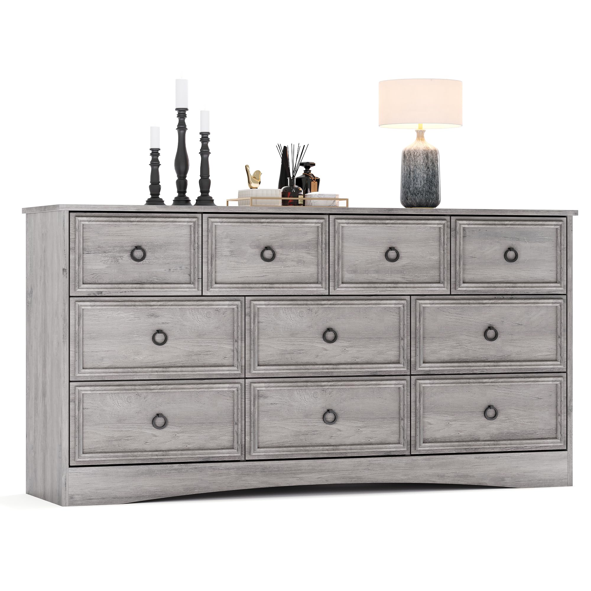 Grey 10 Drawer Dressers for Bedroom, 59" Large Dresser for Bedroom with Metal Handle, Wood Chests of Drawers, Rustic Storage Dressers Organizer for Bedroom, Hallway
