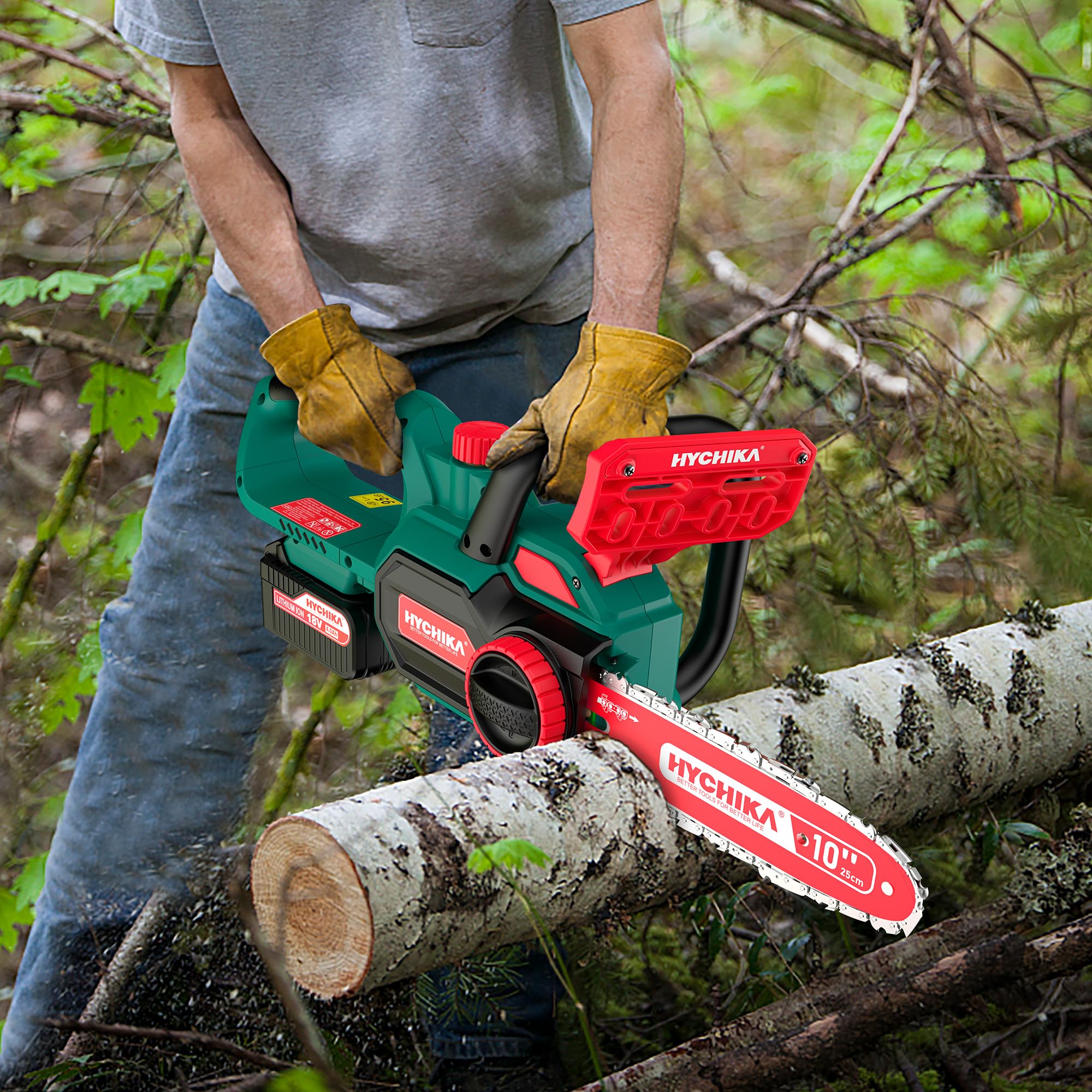 HYCHIKA - Motosierra eléctrica con cadena 3/8 de 10 pulgadas, motosierras inalámbricas de 18 V con batería de 4000 mAh y cargador, sierras eléctricas para cortar madera y árboles, sierra de árbol de