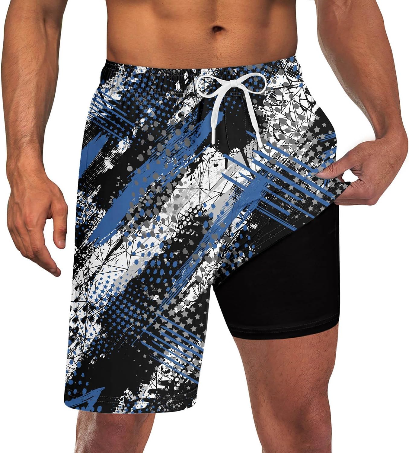GoodstoworldMen's Funny Swim Trunks with Compression Liner 2 in 1 Quick-Dry 9" Stretch Shorts with Three Pockets