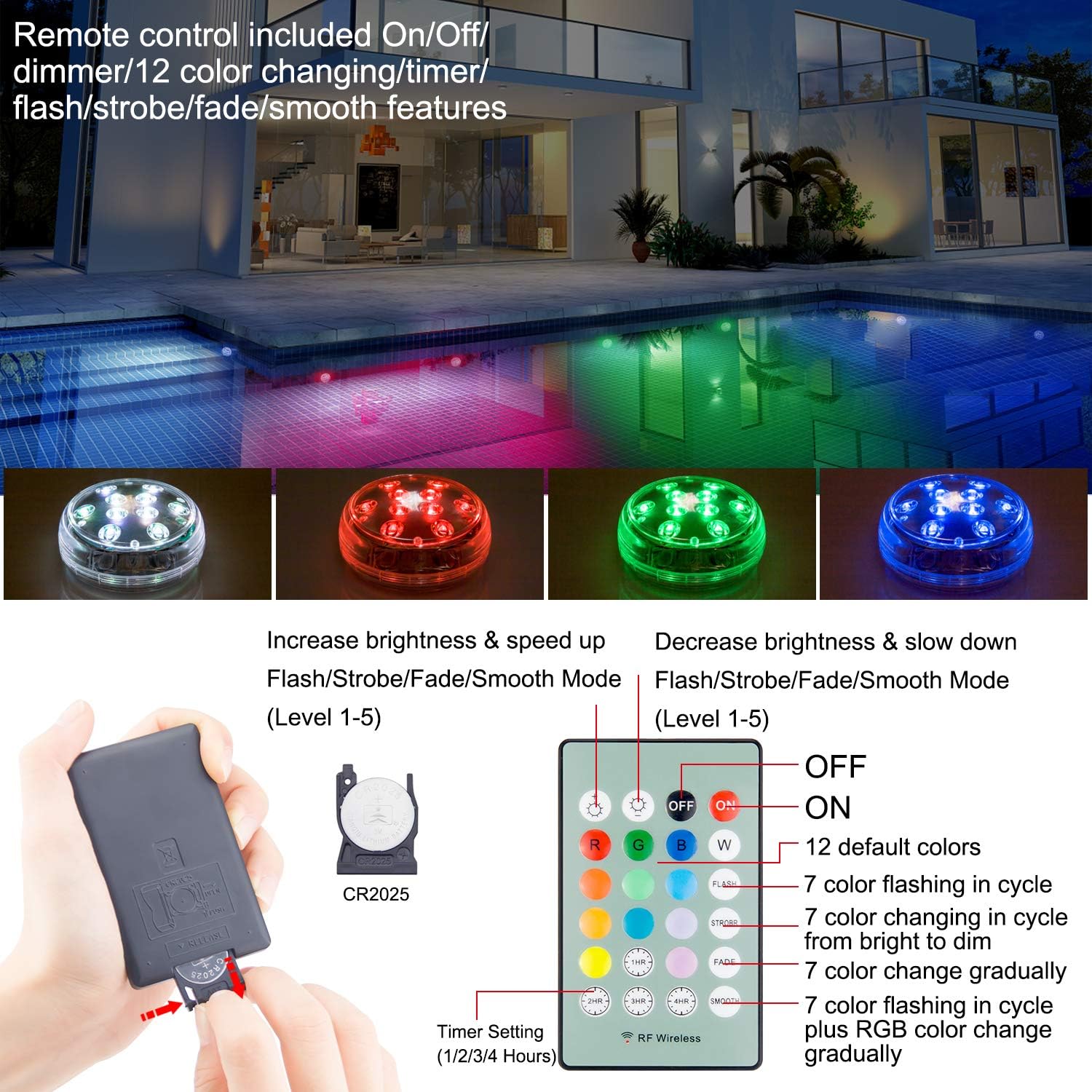 BIGMONAT Battery Operated Shower Lights Waterproof, Submersible Led Pool Light, Dimmable RGB Under Water Light with Remote and Timer, Adhesive Color Changing Lights for Bathtub Vase Fish Tank Pond