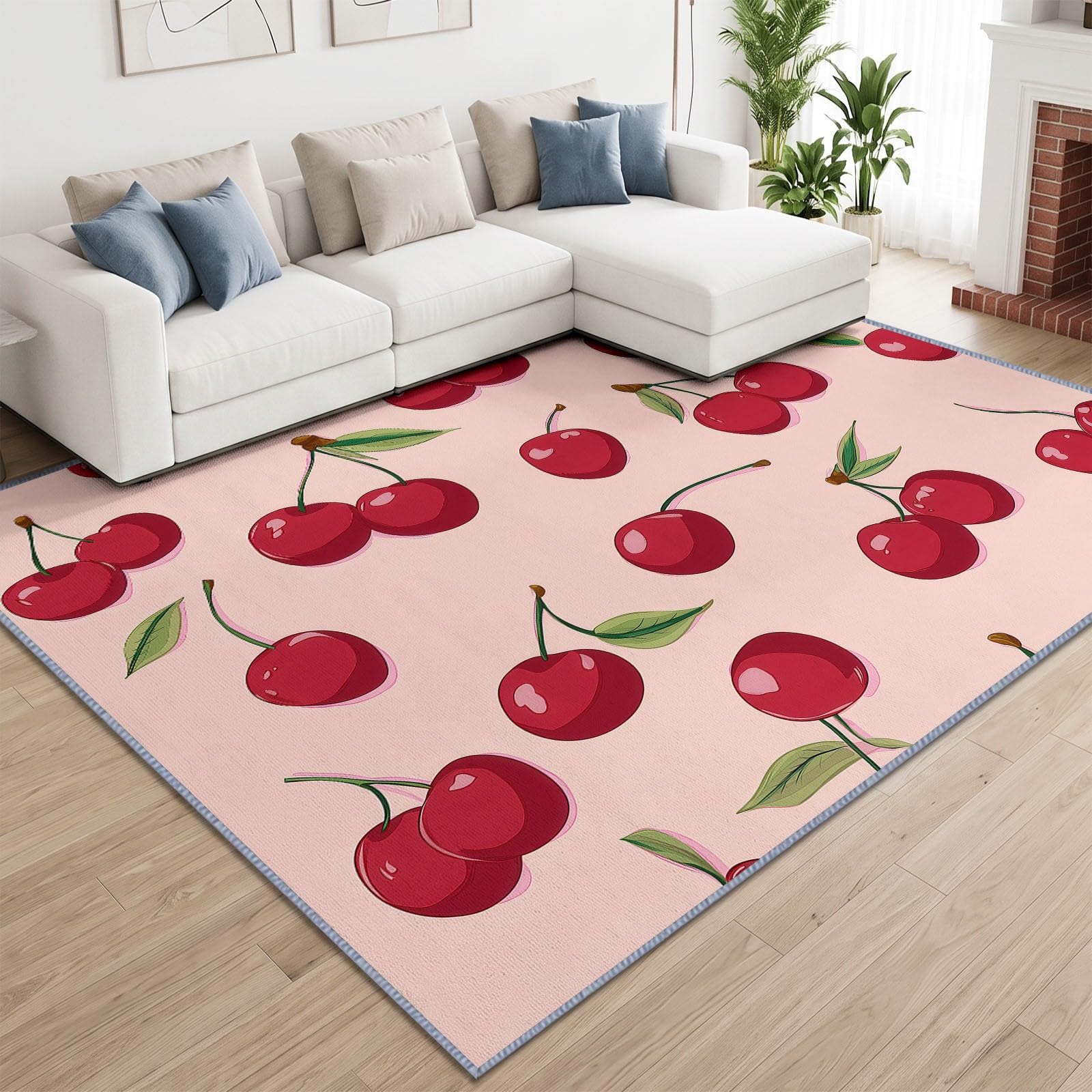 Générique 160 x 230 cm Tapis Décoratif en Flanelle Confort Minimalisme Plantes Cerises Feuilles Vertes Rose Tapis Doux Hypoallergénique pour Salon et Chambre – Design Moderne, Entretien Facile