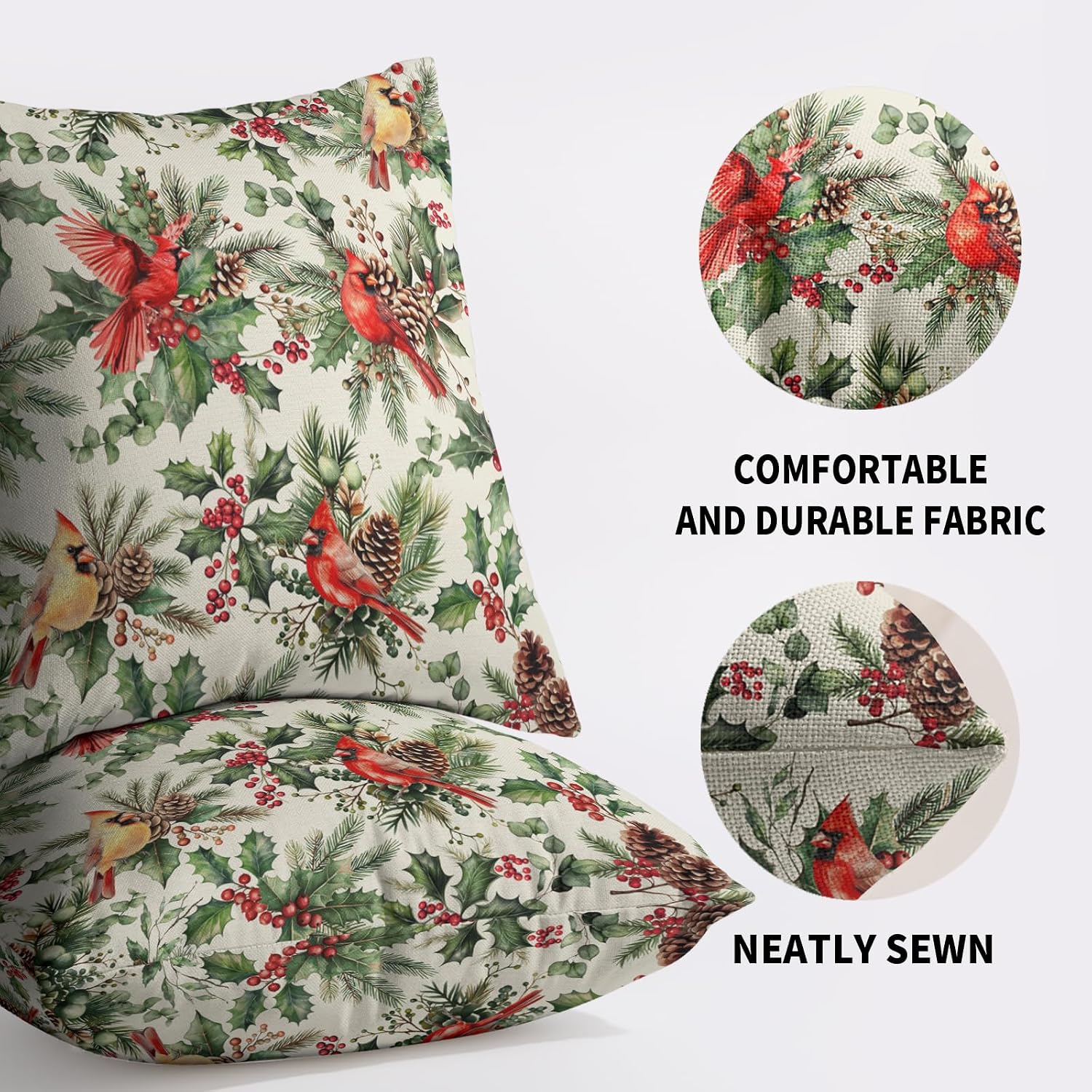 Christmas Cardinal Pillow Covers 24X24 Set of 2, Xmas Themed Green Red Bird Leaves Print Winter Decorative Holiday Throw Pillowcases Outdoor Farmhouse Cushion Cover Couch Sofa Bed Home Decor