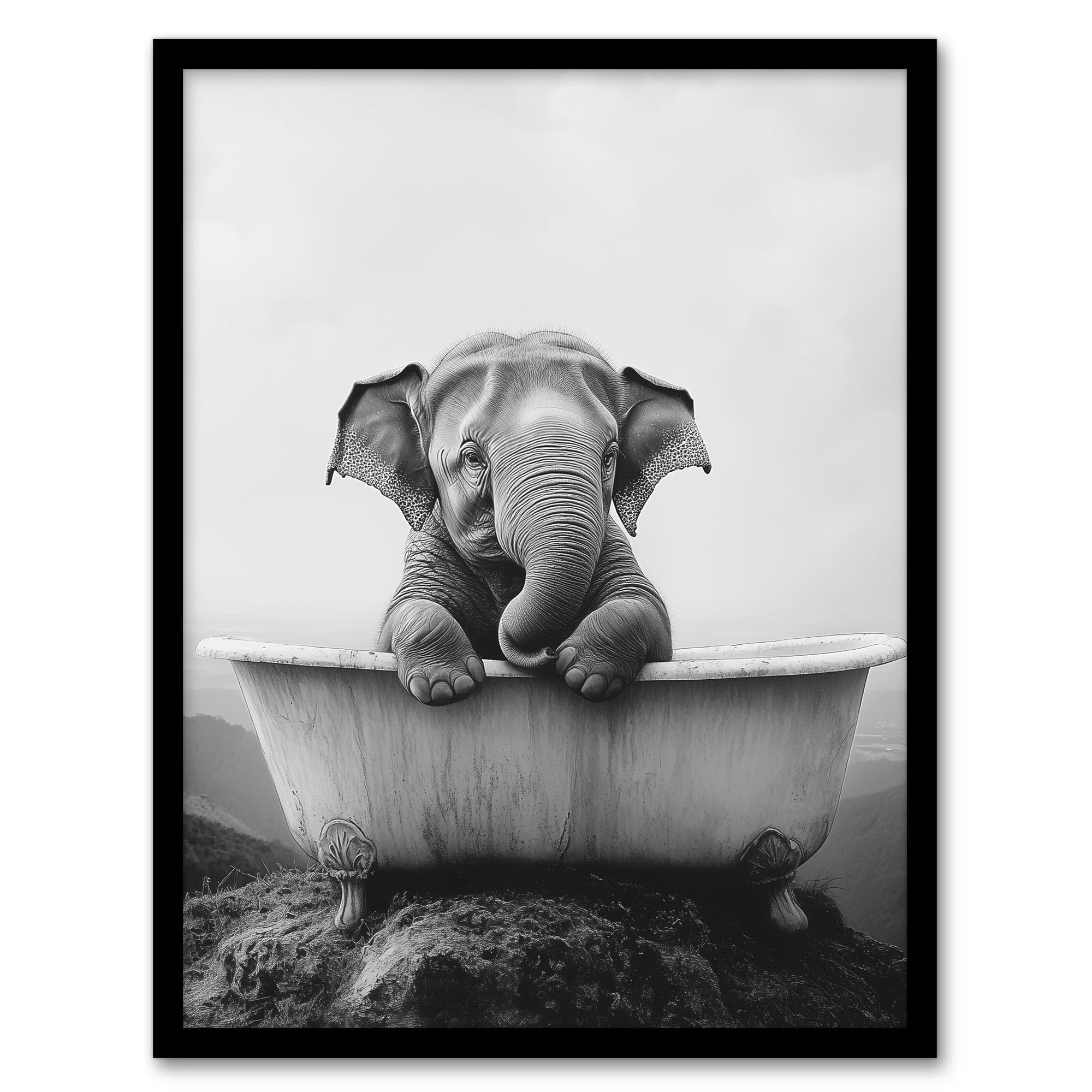 Artery8 Cute Baby Elephant In Bathtub Black White Surreal Bathroom Toilet Artwork Framed Wall Art Print A4