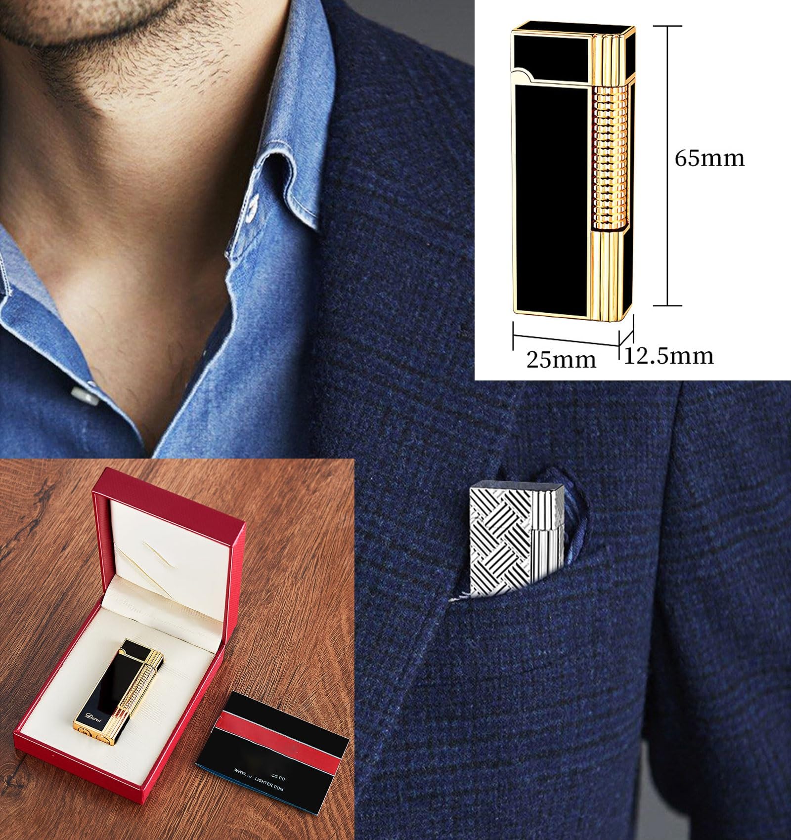 Briquet rechargeable en métal avec allumage à roue latérale – Coffret cadeau et accessoires de pierre à feu inclus (carburant non inclus)