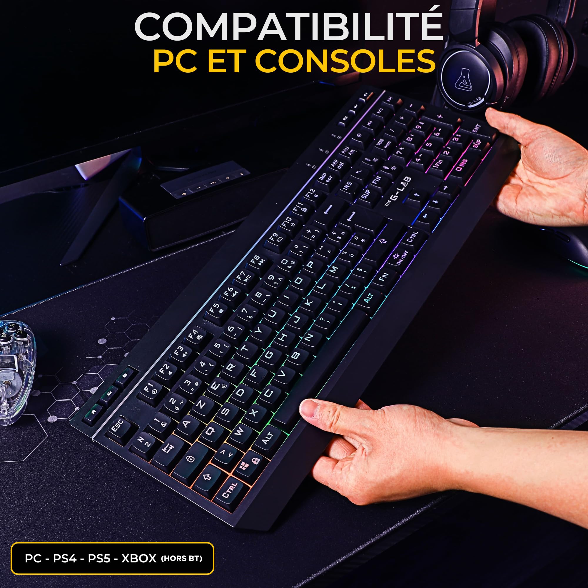 The G-Lab - Tungsten EX Combo - Bezprzewodowa mysz - Potrójne połączenie 2,4 GHz/BT/przewodowe - AZERTY FR Gamer Keyboard RGB & Makra Custom - Bezprzewodowa mysz do gier 6400DPI - PC/PS4/PS5