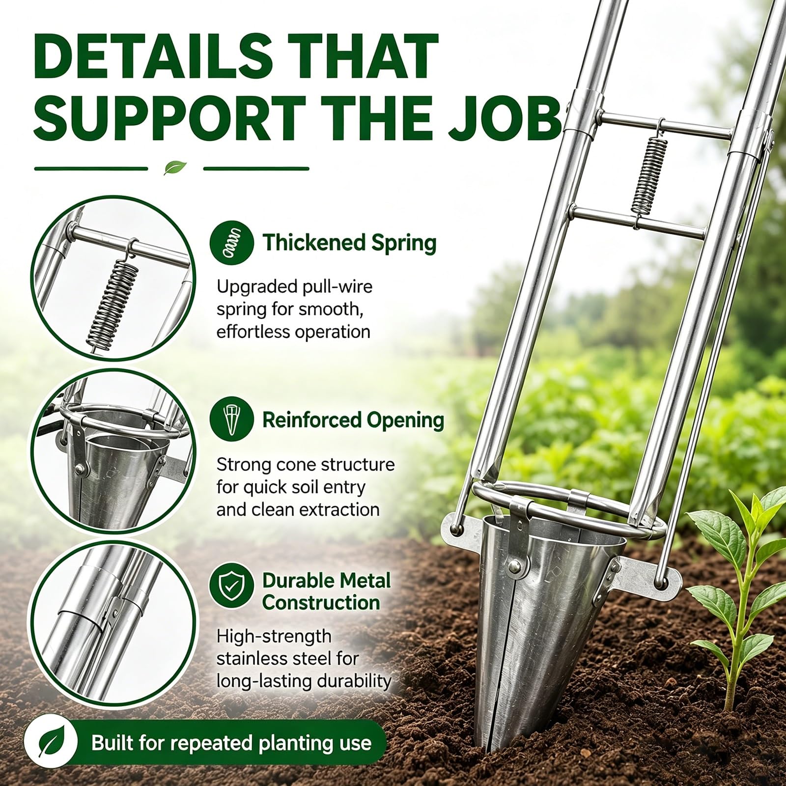 Transplanteur Manuel de Jeunes Plants et bulbes, Outil de Plantation à poignée Unique avec mâchoires à Ouverture 2 ou 3, transplanteur à Long Manche pour Le Jardinage(Tip length5.5in,3in Dia)