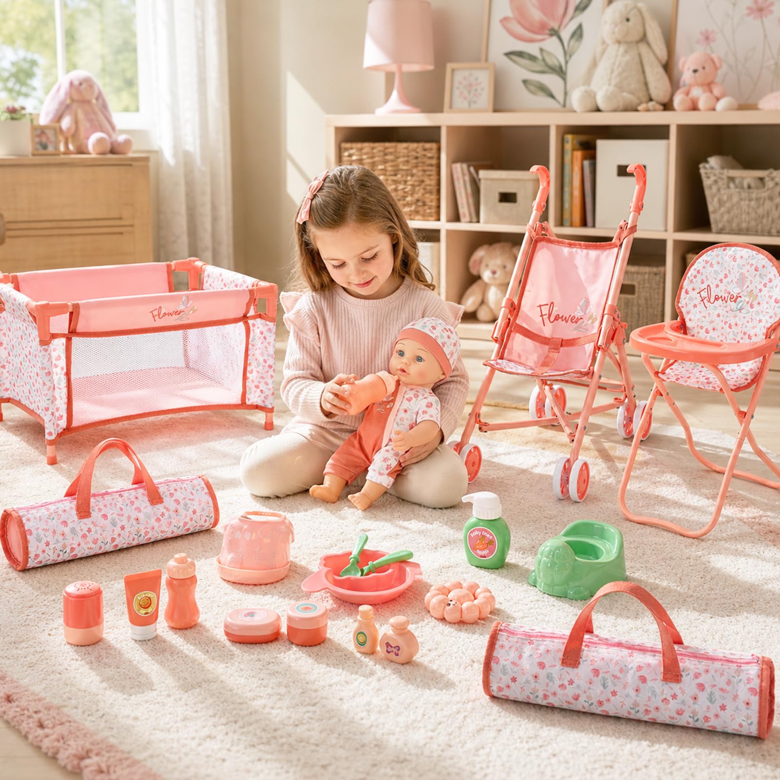 deAO Set Passeggino e Accessori per Bambole, Giochi di Ruolo Giocattoli | Bambole 30cm, Lettino, Seggiolone, Sacco Trasporto, Pieghevole, Montaggio Senza Attrezzi, Regali per Ragazze di 3 Anni+