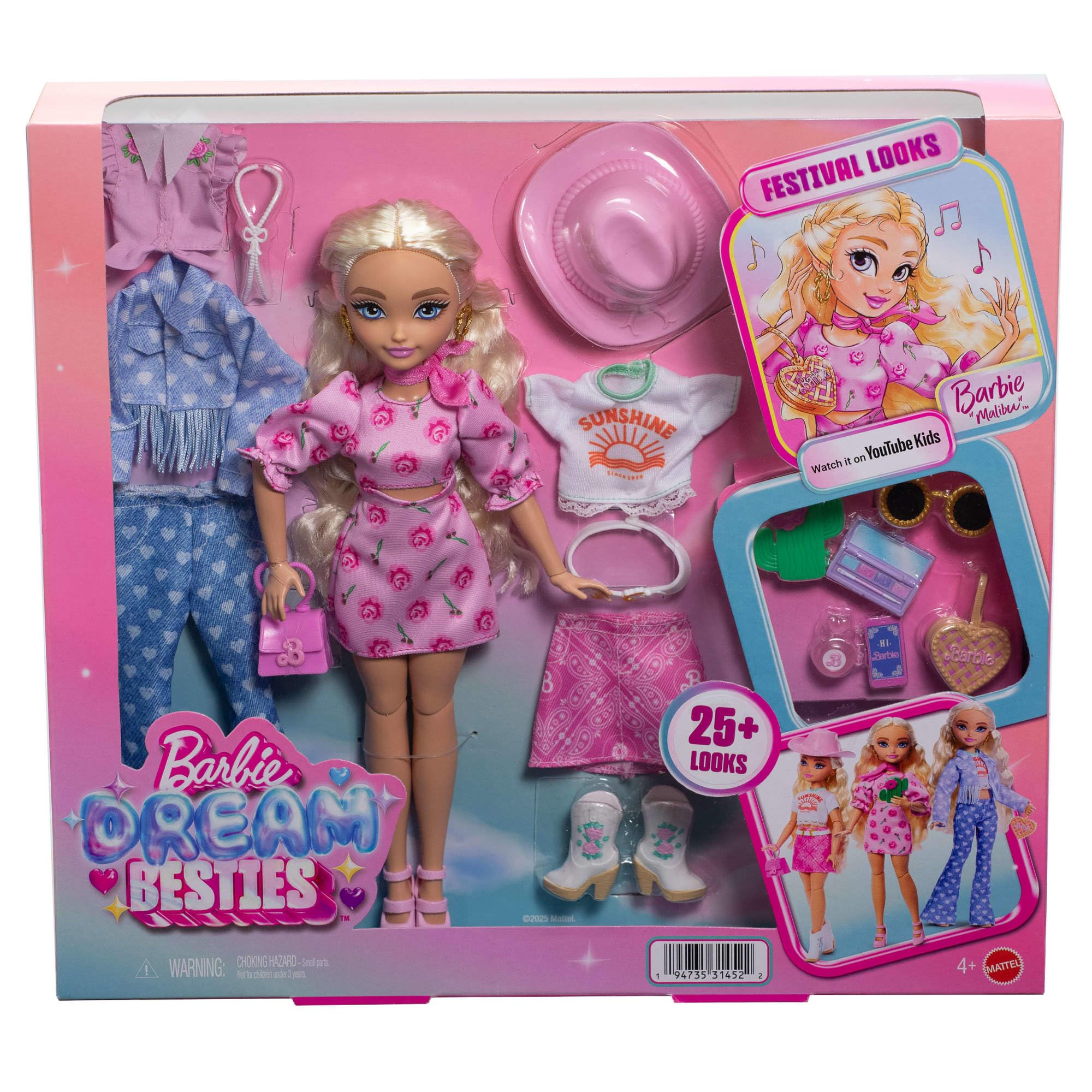 Barbie Dream Besties Festiwalowe stylizacje Zestaw modowy do zabawy: lalka Barbie „Malibu” z długimi blond włosami i ponad 10 akcesoriów, w tym zdejmowane ubranka, zabawka dla dzieci 4+, JGH87
