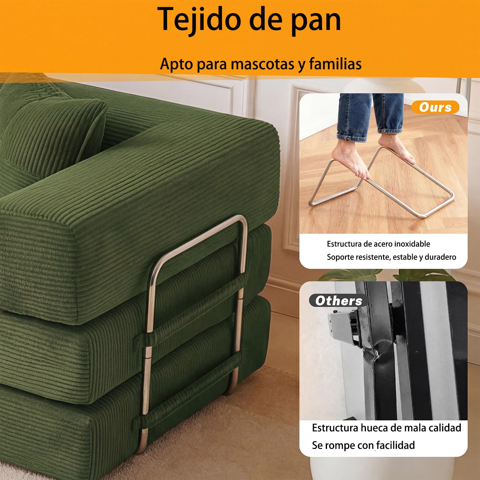 Vipbear 200cm Sofá Cama, Modular Desmontable Plegable 5 en 1,Confeccionado en Pana, Sofá Cama 3 Plazas Ideal para Espacios Reducidos, Verde | Convertible