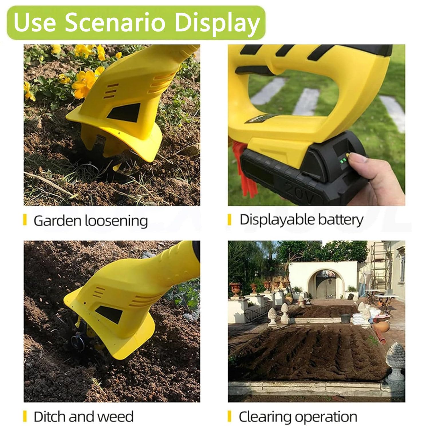 Zappa Elettrica da 20 V, Motore Senza Fili, Piccola Zappa da Giardino, Coltivatrice con Batteria da 2 Ah E Caricabatteria per Arare, Girare Il Terreno, Aprire Solchi, Diserbare,2batteries