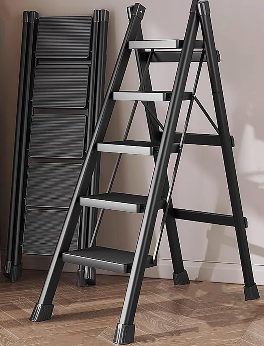 Runruii Step Ladder 5 Step Folding Portable Step Ladder with Anti-Slip Wide Pedal Aluminum Stepladder Lightweight Step Stool for Office Household Library 300lbs - Black