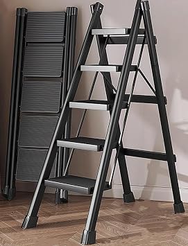 Runruii Step Ladder 5 Step Folding Portable Step Ladder with Anti-Slip Wide Pedal Aluminum Stepladder Lightweight Step Stool for Office Household Library 300lbs - Black
