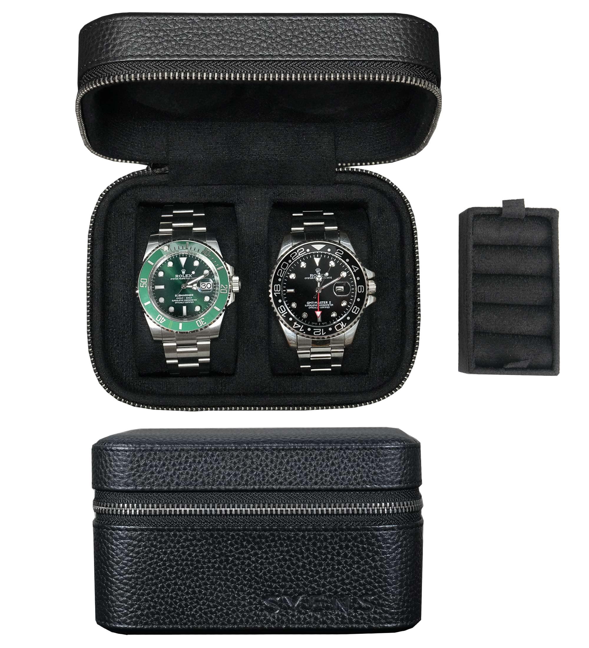 Caja de viaje para 2 relojes, cuero de grano superior, para hombres y mujeres, caja de embalaje, organizador de almacenamiento con gamuza negra para protección, cremallera, se adapta a todos los