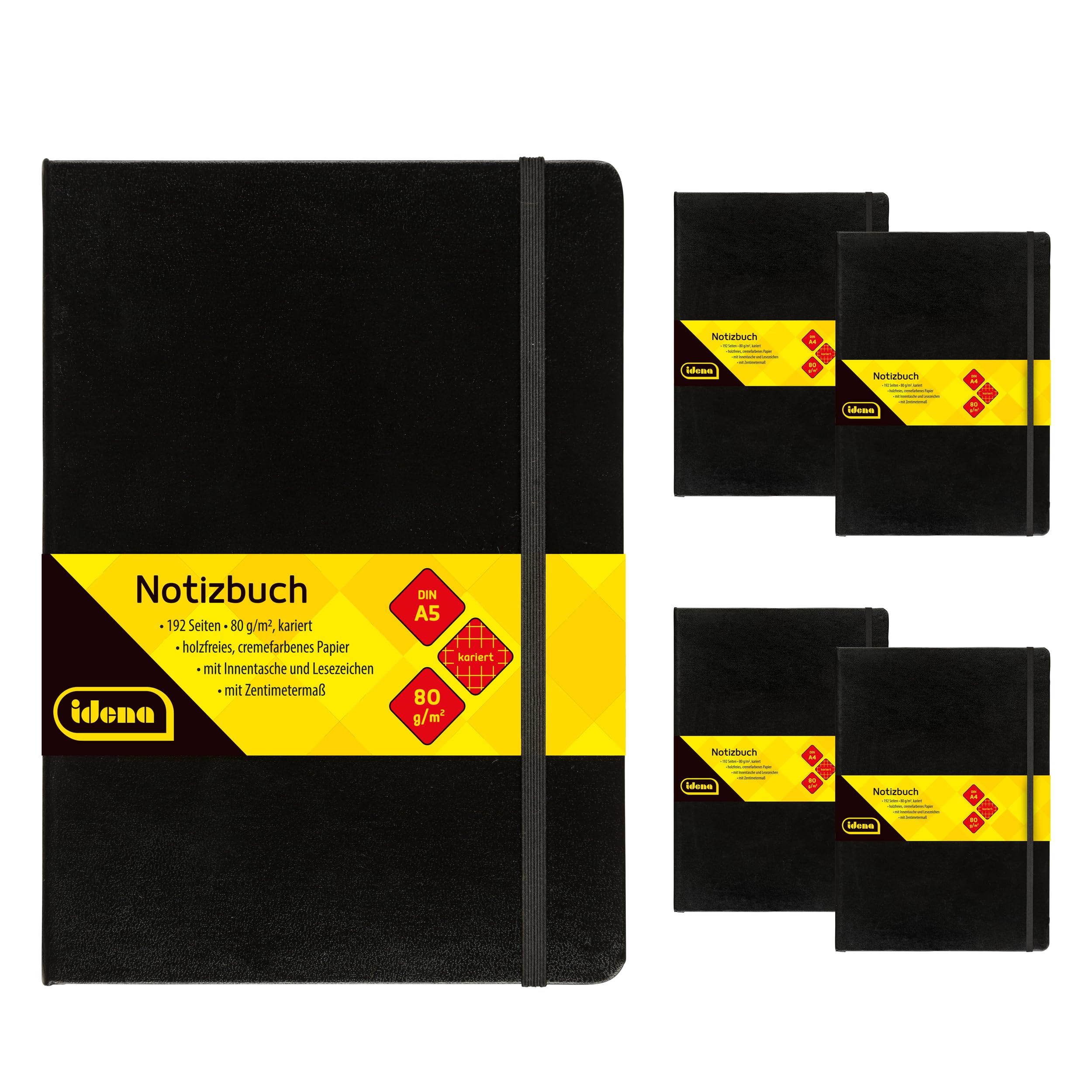 Idena 90447 - Notizbuch A4 kariert, 5 Stück, 192 Blatt 80 g/m² in Creme, mit Innentasche, Gummiband und Lesezeichen, Hardcover Einband in Schwarz