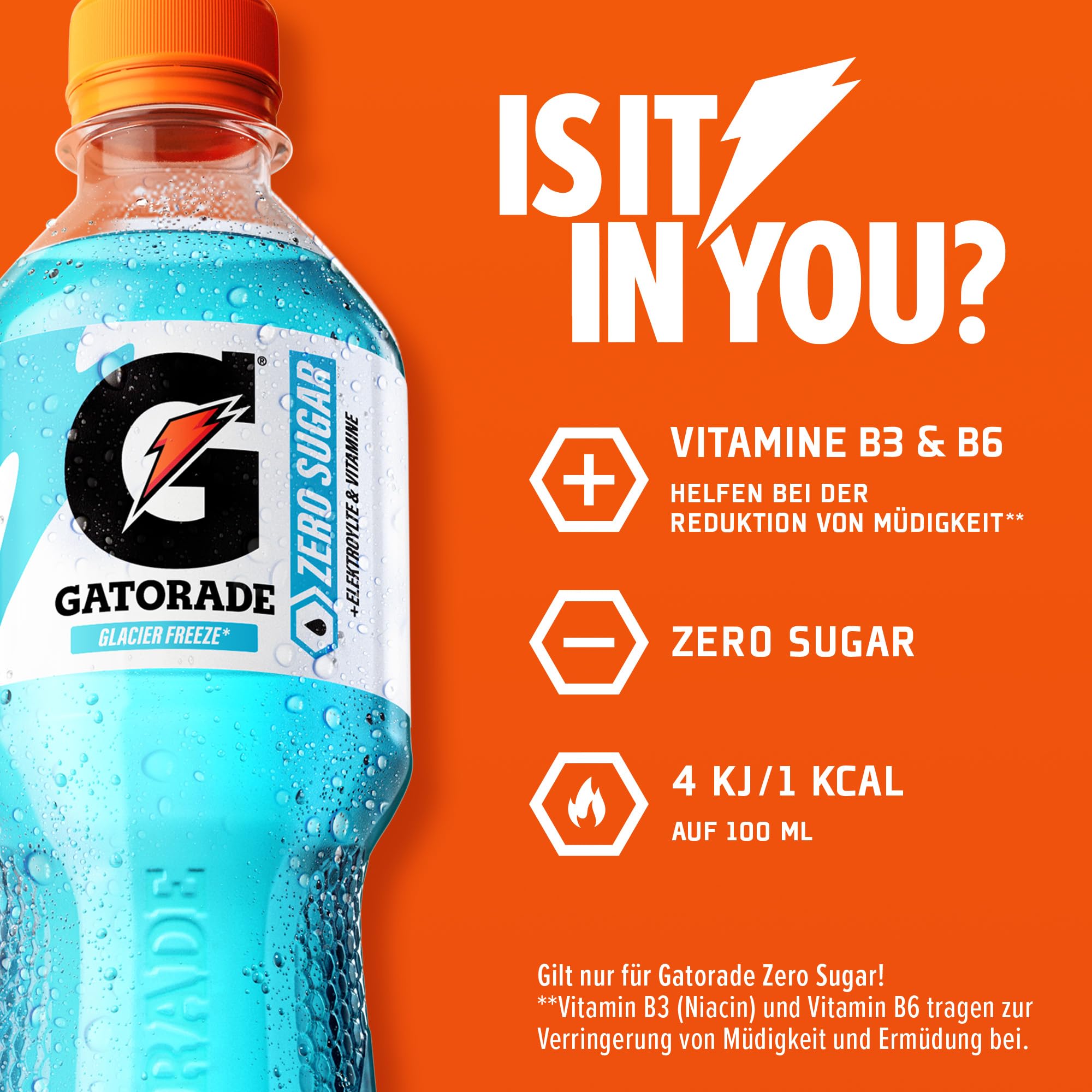 Gatorade Zero Glacier Freeze, kalorienarmes, zuckerfreies Sportgetränk mit Zitrus-Beerengeschmack, mit Vitaminen, in sportlicher PET-Einwegflasche (12 x 0,5 L)
