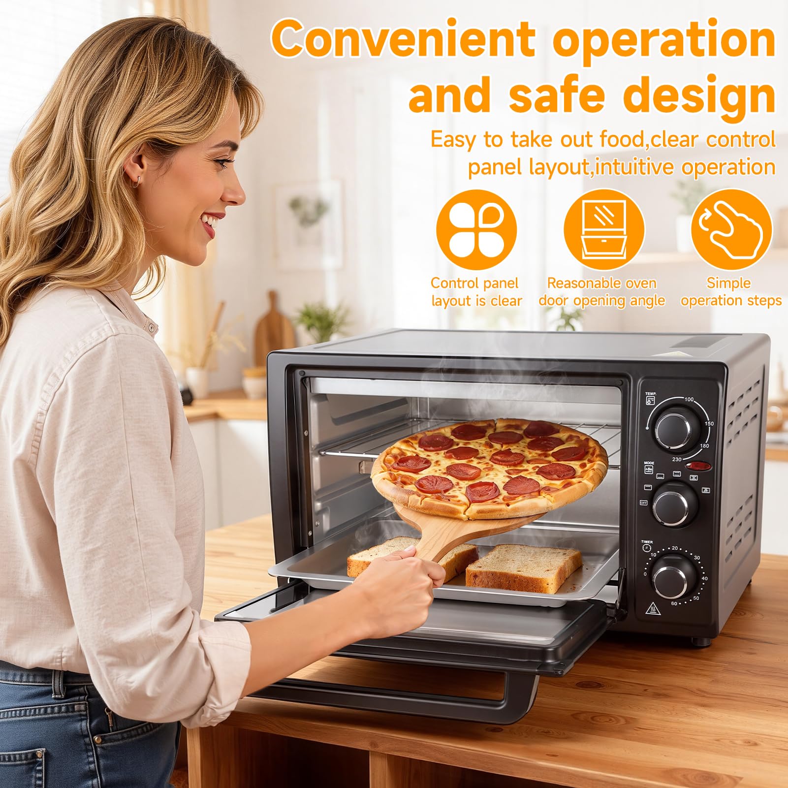Mini Four Electrique 32L, Four Posable Cuisine, Four Convection Chaleur Tournante 1500W, Four Multifonction Rotisserie Tournebroche, Minuterie 60 Min, Temperature Reglable (Noir)