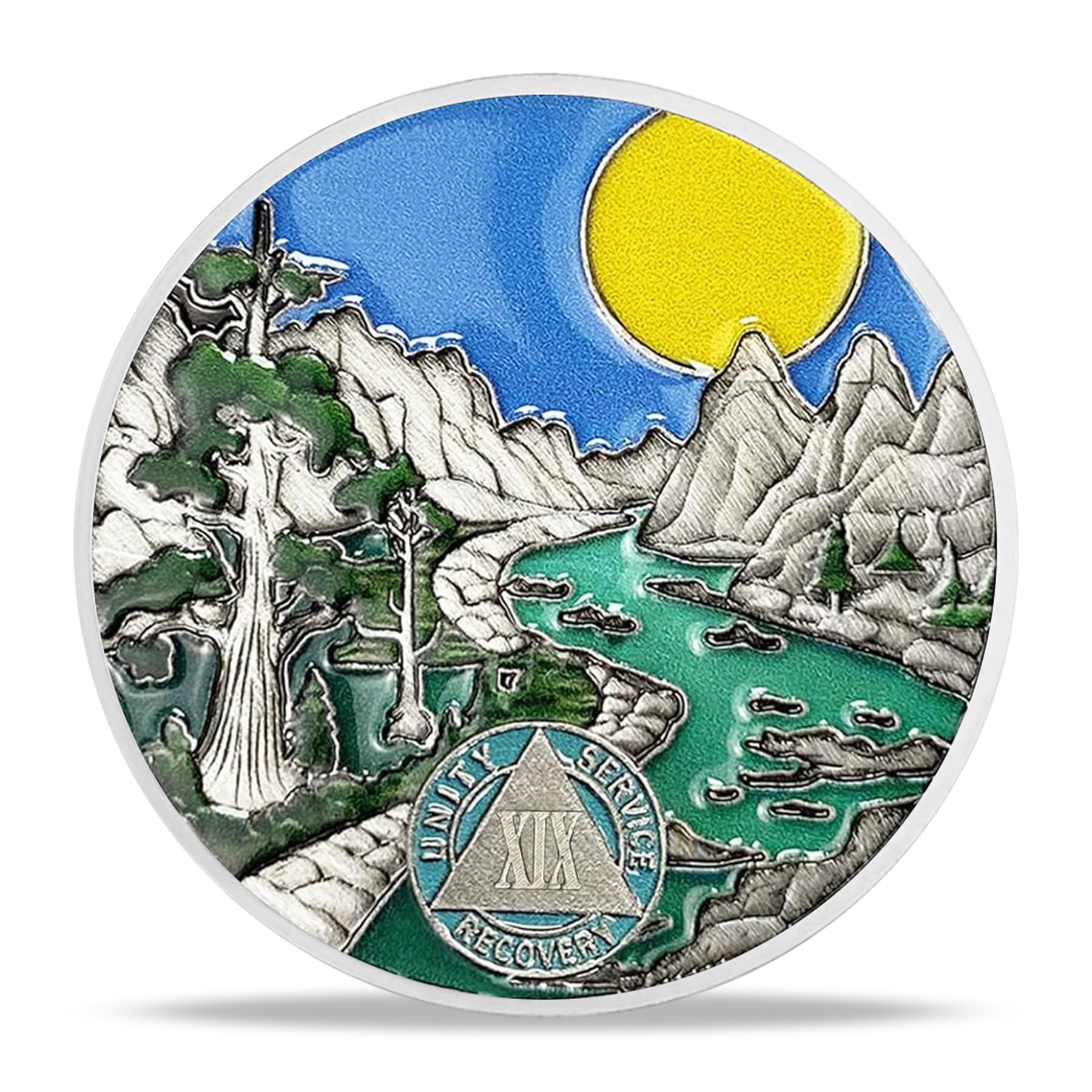 19 Year Sobriety Coin Gifts | River and Forest AA Coin - HA AA Chip Medallion with Serenity Prayer | Narcotics Alcoholics Anonymous Gifts for Anniversary Month & Year for Men & Women in Recovery