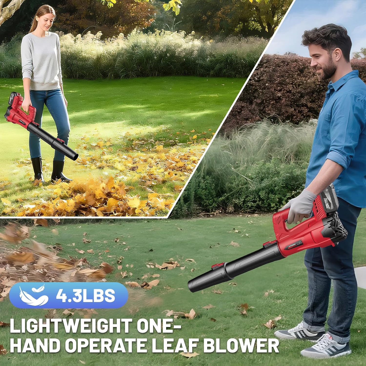 Cordless Leaf Blower with 2 Battery and Charger, 160MPH 580CFM High Speed Leaf Blower with 2 Tubes, Lightweight Handheld 20V Electric Leaf Blowers for Lawn Care, Patio, Garden Cleaning and Dust, Red