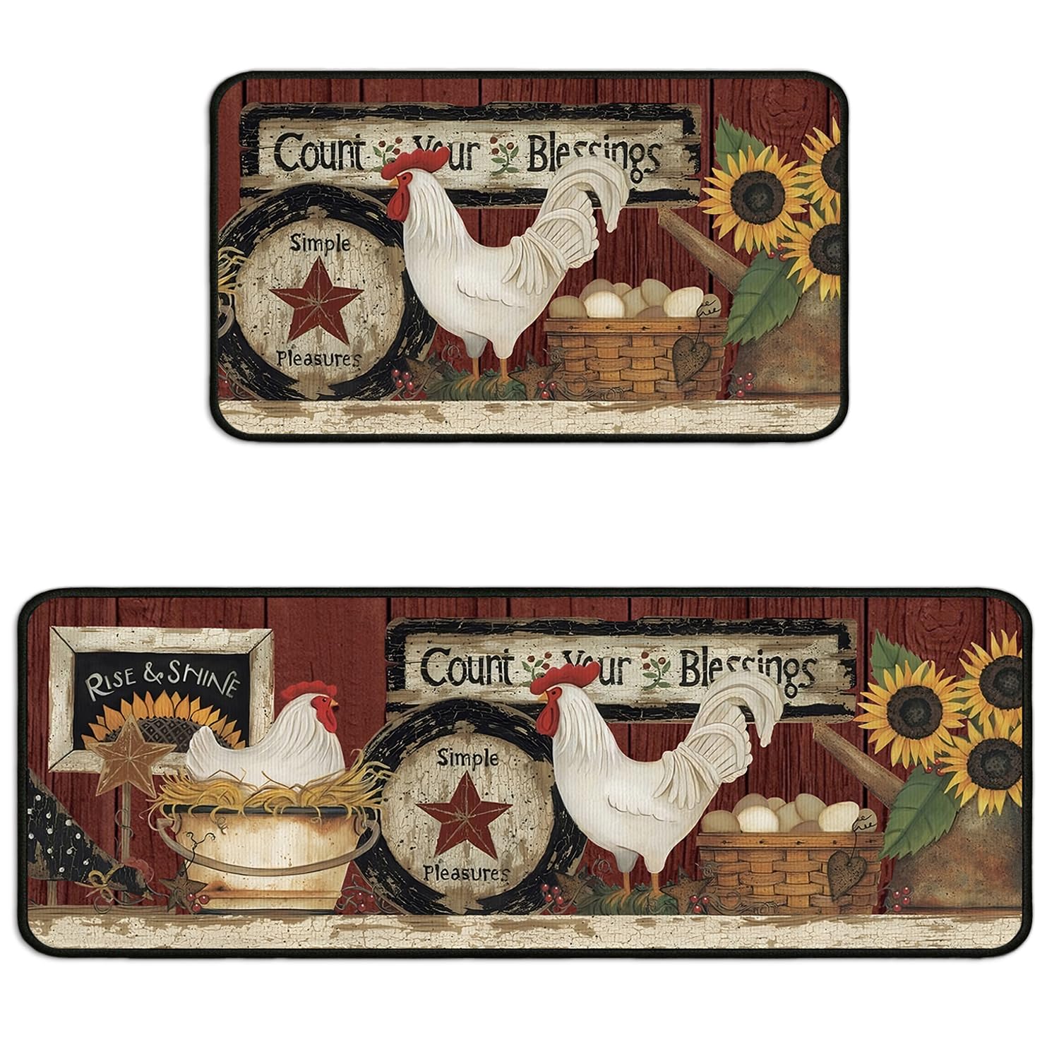 Lingcetger Farmhouse Kitchen Mats for Floor,Farm Rooster Kitchen Rugs Sets of 2,Non-Slip Washable Vintage Kitchen Decor Floor Rug Home Decoration