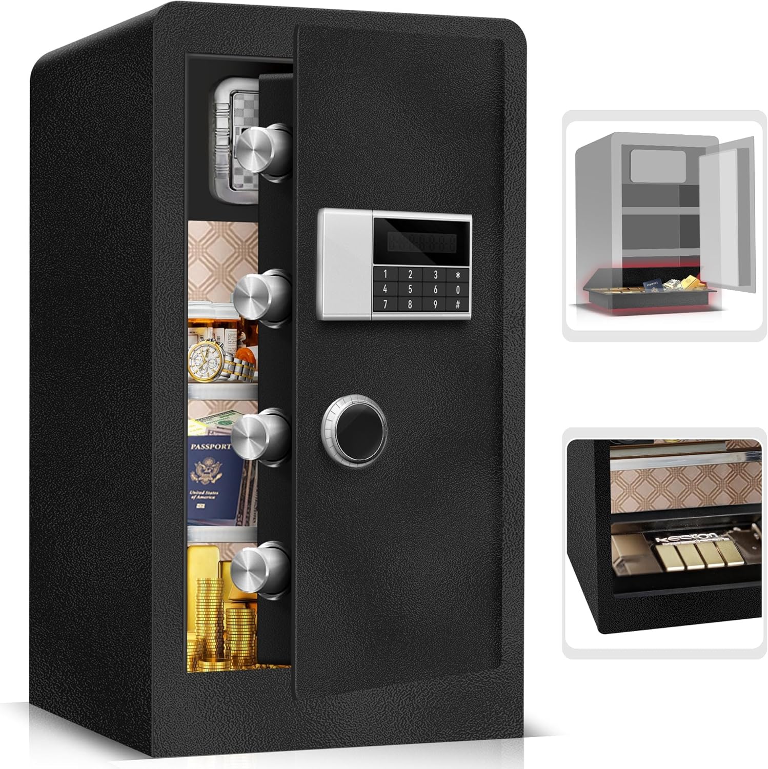 Large Fireproof Waterproof Safe Box for Home Office Documents- 9.0 Cu Ft Heavy Duty Steel LCD Display Digital Security Safe Box with LED Light, Removable Shelf for Money Jewelry Valuables