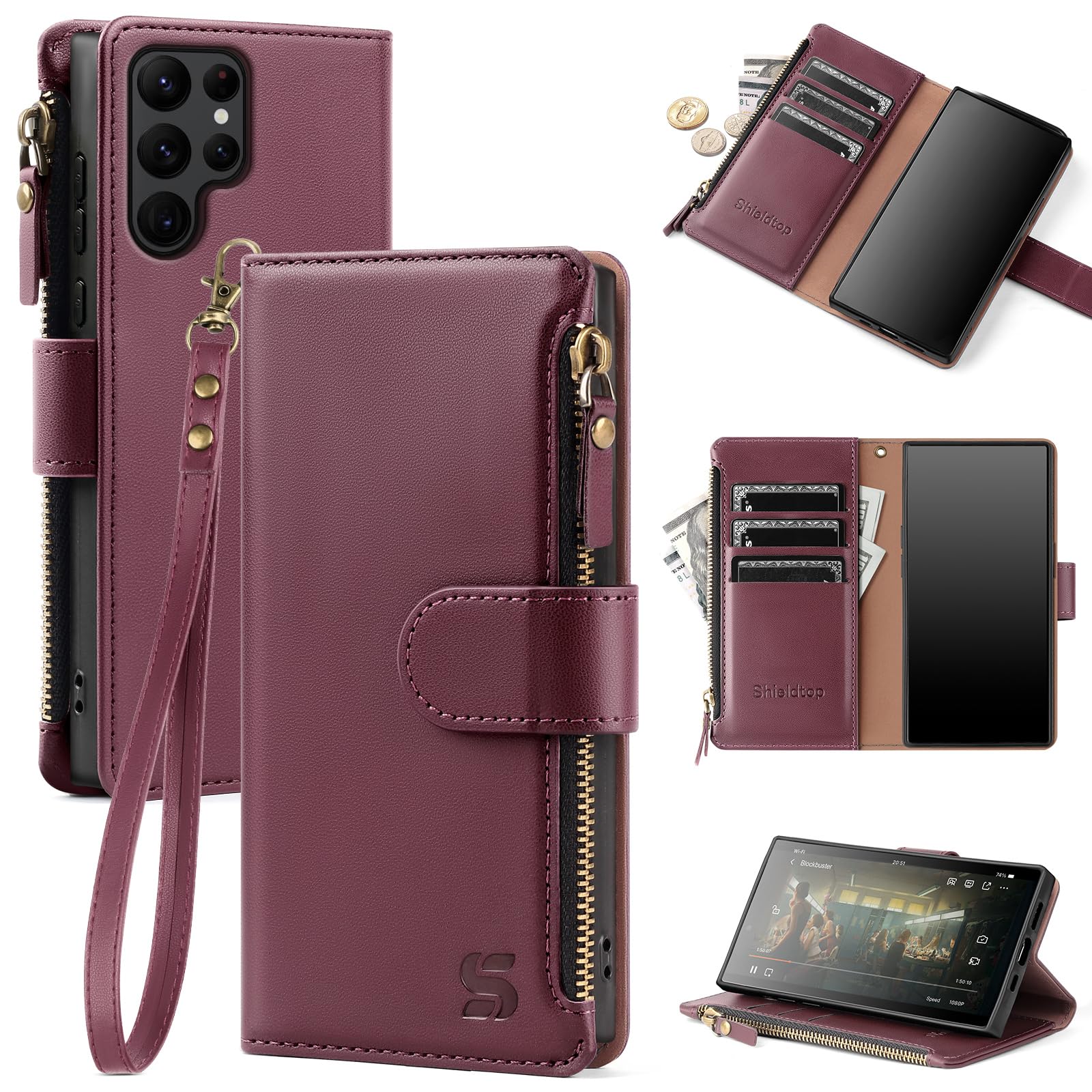 Shieldtop Compatible with Samsung Galaxy S22 Ultra 5G Wallet Case with Card Holder,Women Men RFID Blocking PU Leather Phone Case Flip Protective Cover Wrist Strap Zipper Credit Card Slots,Wine Red