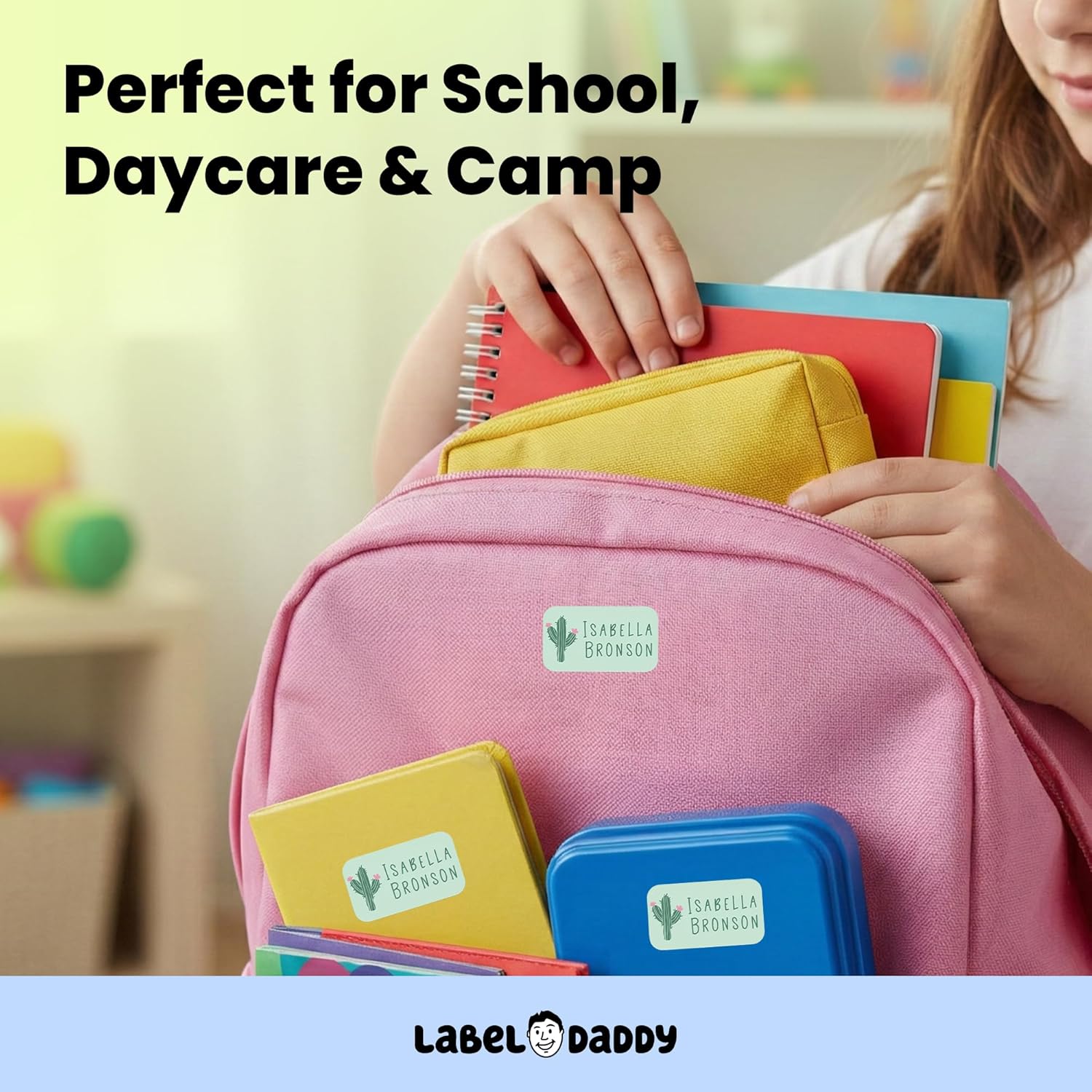Label Daddy Custom Name Labels for Girls – Waterproof Personalized Name Tags for Daycare, School & Camp - No Iron Needed - Extra Small Labels for Bottles, Backpacks & More – Cactus Design | 75 Ct
