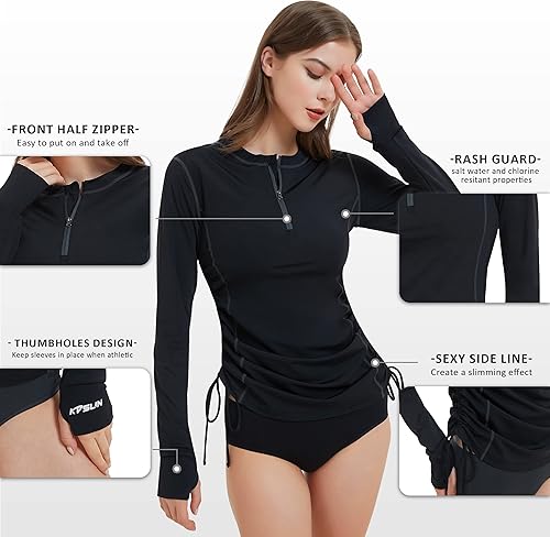 Miniatura 5 de Camiseta de natación de manga larga UPF 50+ para mujer, protección solar UV, media cremallera, SPF, traje de baño para surf
