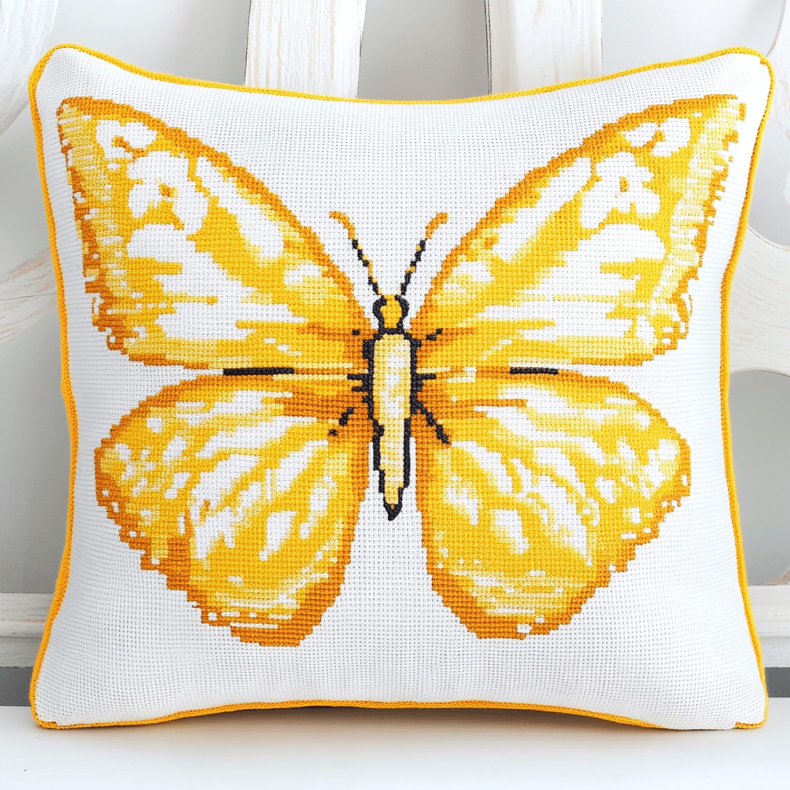 Taxpy DIY Latch Hook Cushion Cover Kit,Yellow Butterfly,17x17in Soft Yarn Craft Project for Adults,Fun Handmade Hobby for Relaxing and Home Decoration