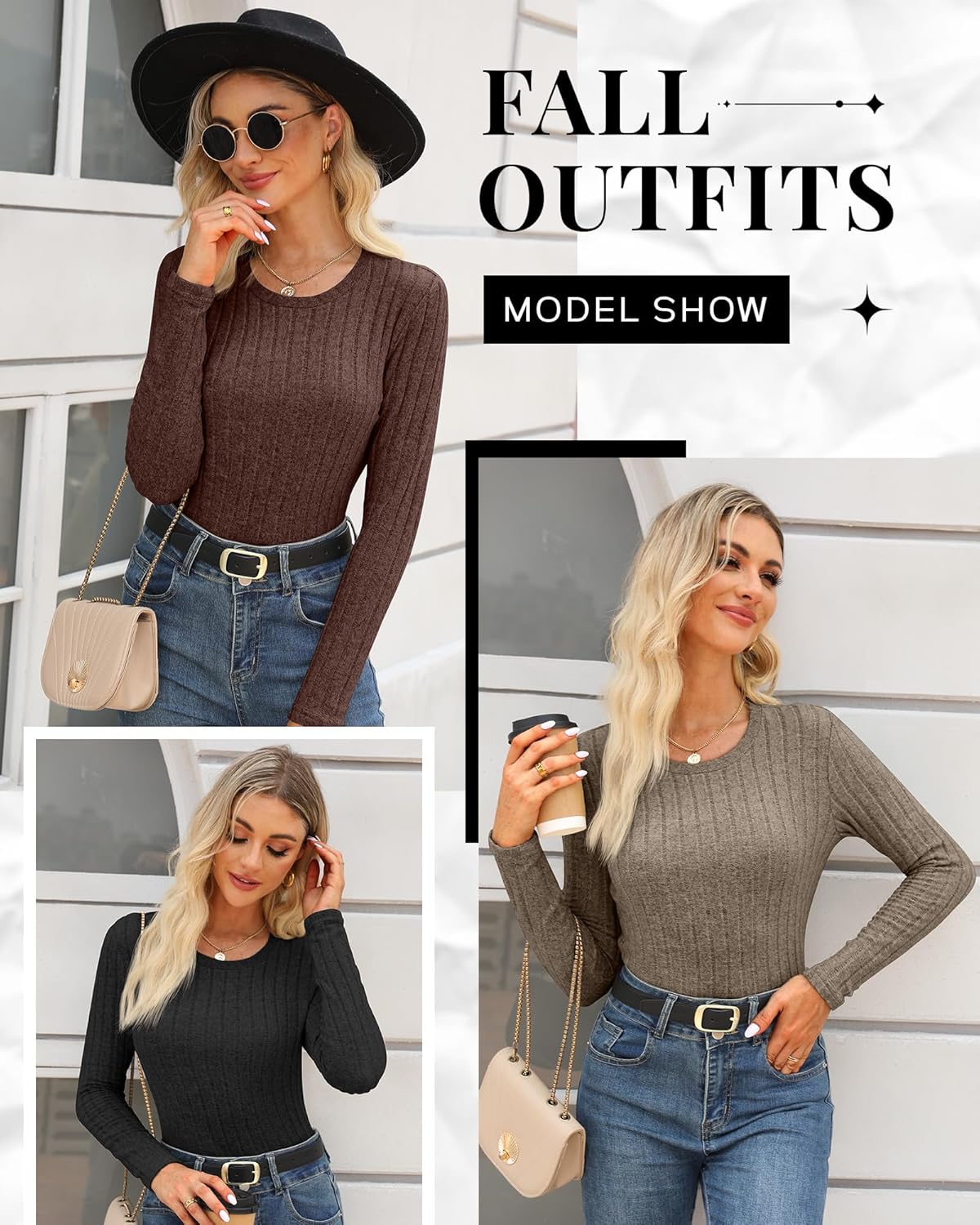 3 Pack Women's Ribbed Sweaters Long Sleeve Crew Neck Fitted Tops Lightweight Pullover Sweater Thermal Undershirts - Image 3