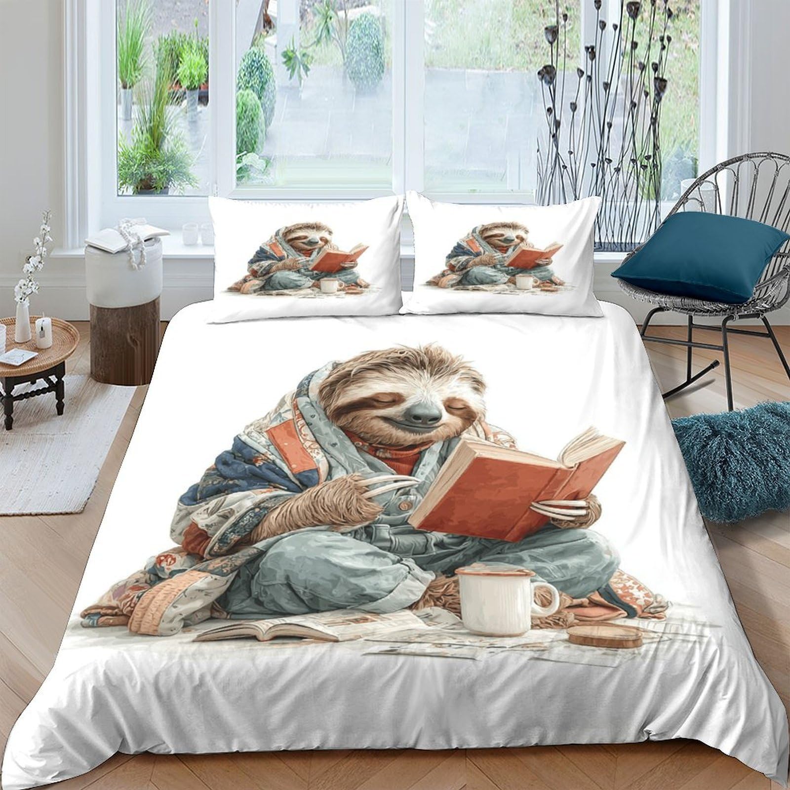 GPLZQXKJNH 3D Printed Sloth Reading Duvet Cover Microfiber Soft Breathable Cozy Animal Bedding Set with 2 Pillowcases for Bedroom Decor Single（135x200cm）