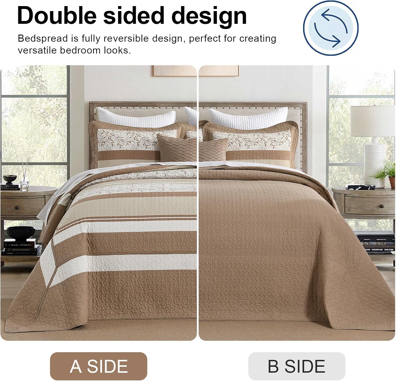 Quilta 100% Cotton California King Bedspread - 120"x120" Farmhouse Stripe Quilt Set with Botanical Pattern, Lightweight Soft Bedding Comforter Sets, Rustic Country Bedspread Coverlet, Brown/White