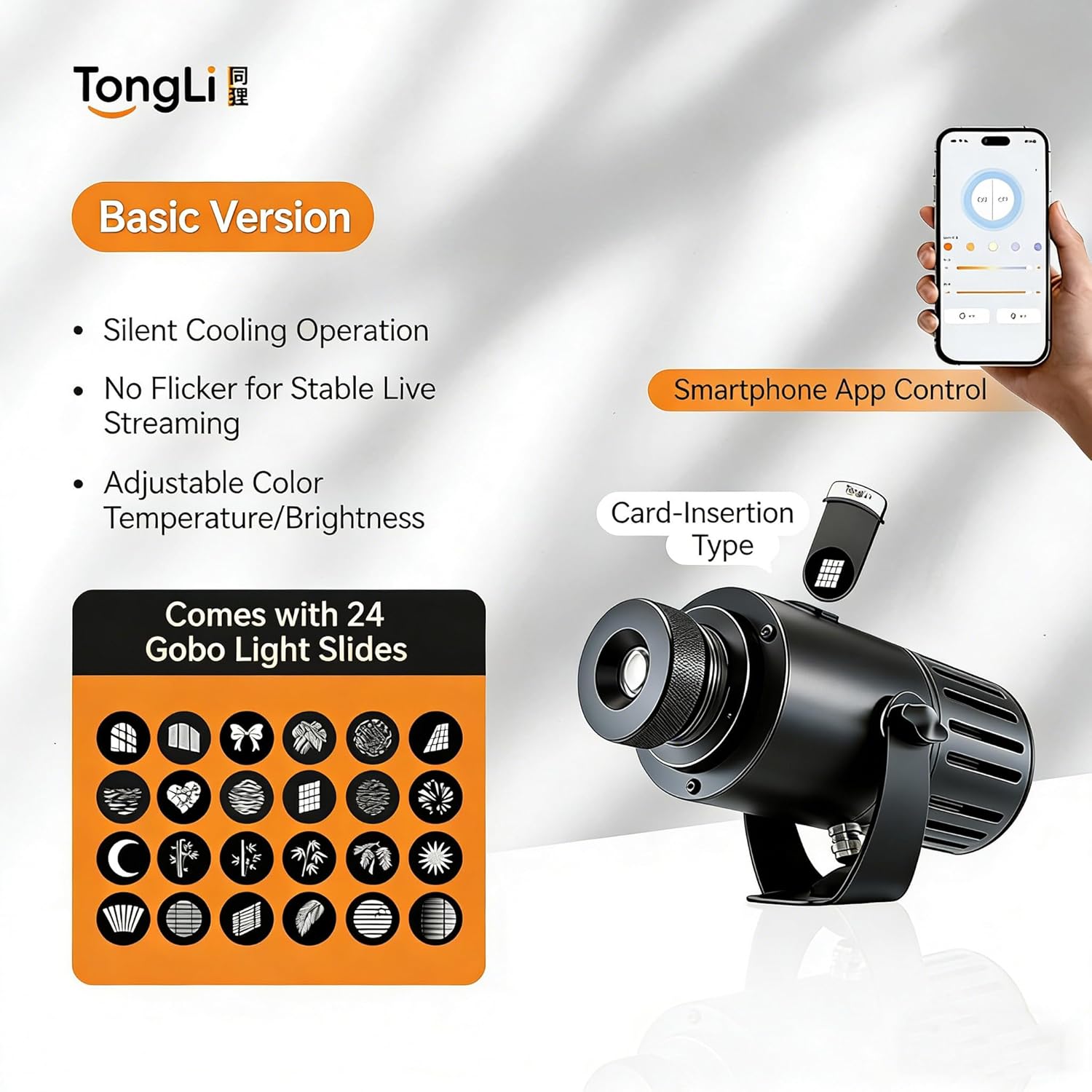 Simulated Window GOBO Shadow Projector Lamp with 24 Patterns, Bluetooth APP Control, Stepless Dimming & Anti-Flicker for Live Stream Background, Studio Photography & Home Ambient Lighting