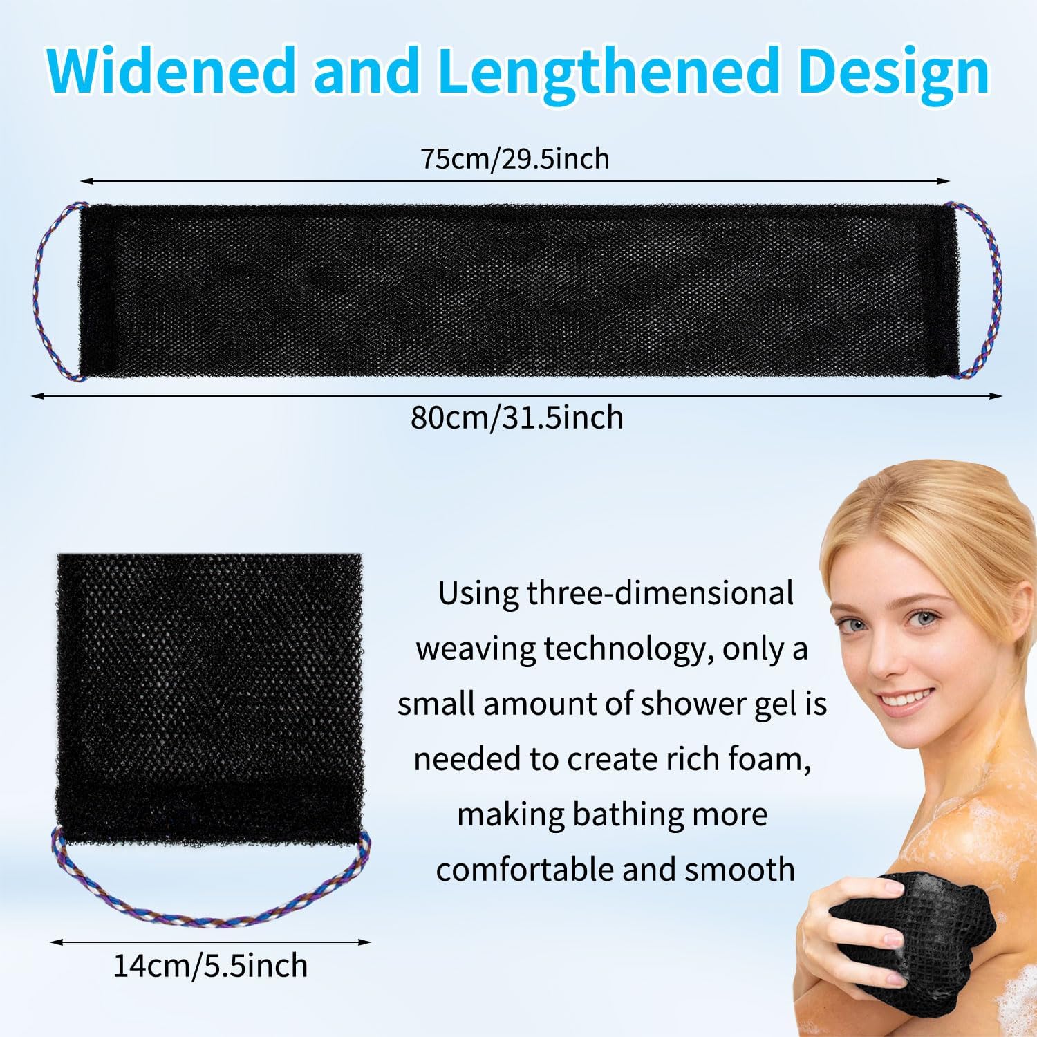 African Exfoliating Net Sponge with Knots，2 Pcs 31.5" Long Exfoliating African Body Scrubber with Rope Handles, Reusable Wash Cloths for Daily Shower, Men & Women, Black/Brown - Image 2