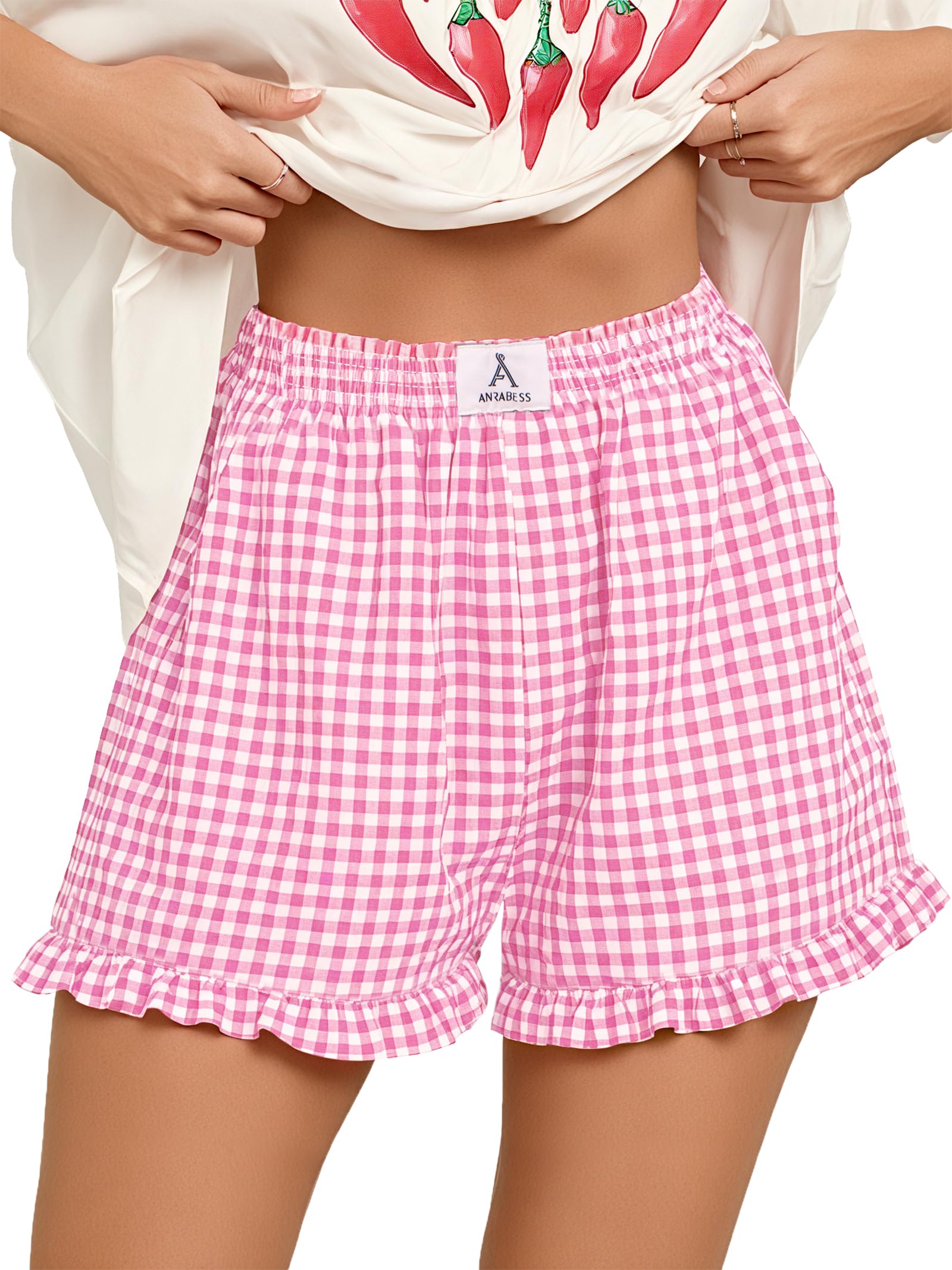ANRABESS Womens Ruffle Boxer Shorts Pajama Gingham Shorts Summer Casual Lounge Sleep Plaid Beach Bottoms Pockets 2026 Trendy