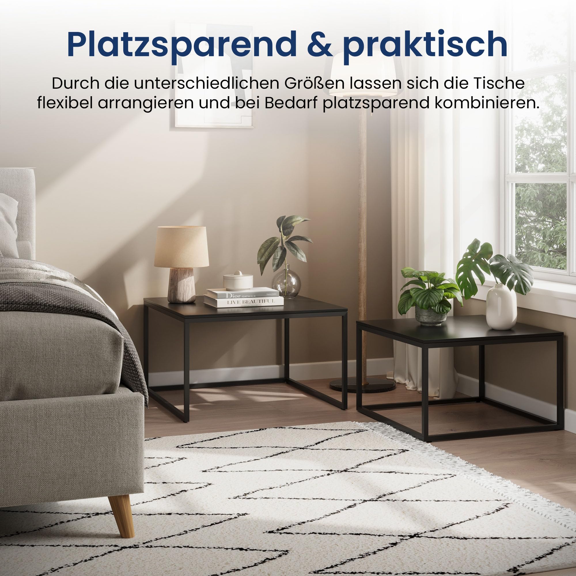 Home Collective Couchtisch 2er Set quadratisch aus Holz, Wohnzimmertisch Modern, Beistelltisch Set 2 in 1 mit Metallgestell für Wohnzimmer Büro Beistelltisch Loft Design Twin | Schwarz